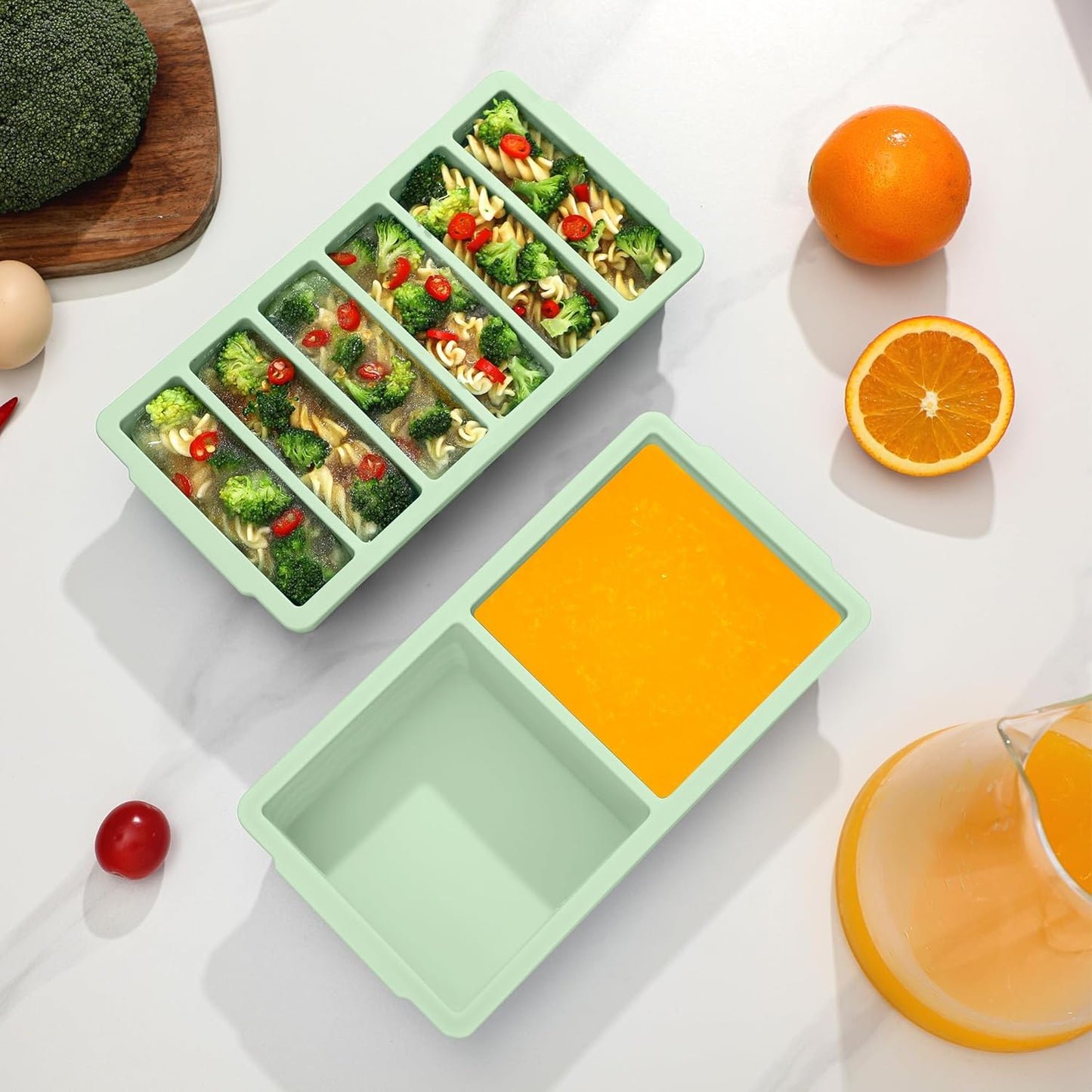 Skiennix Silicone Freezer Trays - 2-Pack with Lid for Meal Prep | 2 Large 2-Cup & 6 Small 1/2-Cup