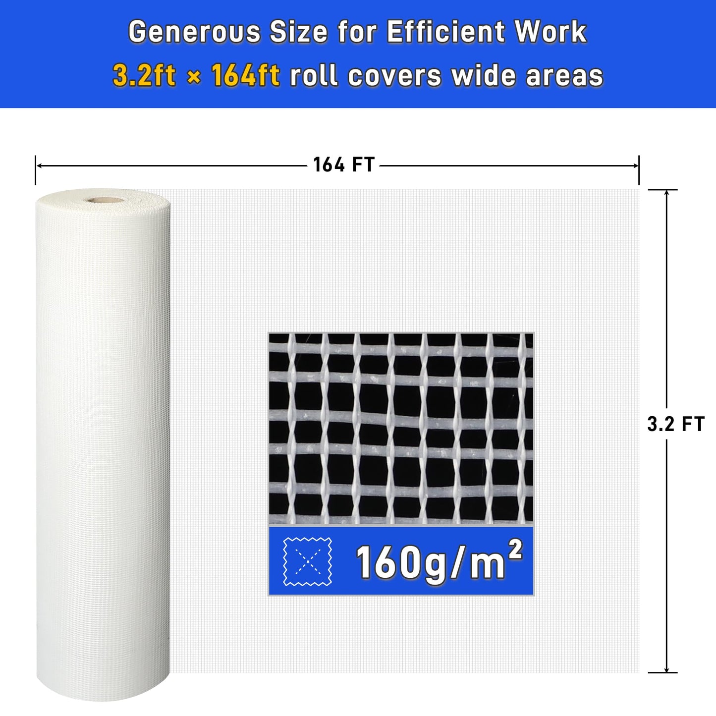 Fiberglass Mesh Roll 3.2x164 FT Plastering Mesh for Wall Crack Repair, Alkaline Resistant & Non-Adhesive 160g/m² Fibreglass Reinforcing Mesh Net for Plastering Interior Exterior Building Insulation