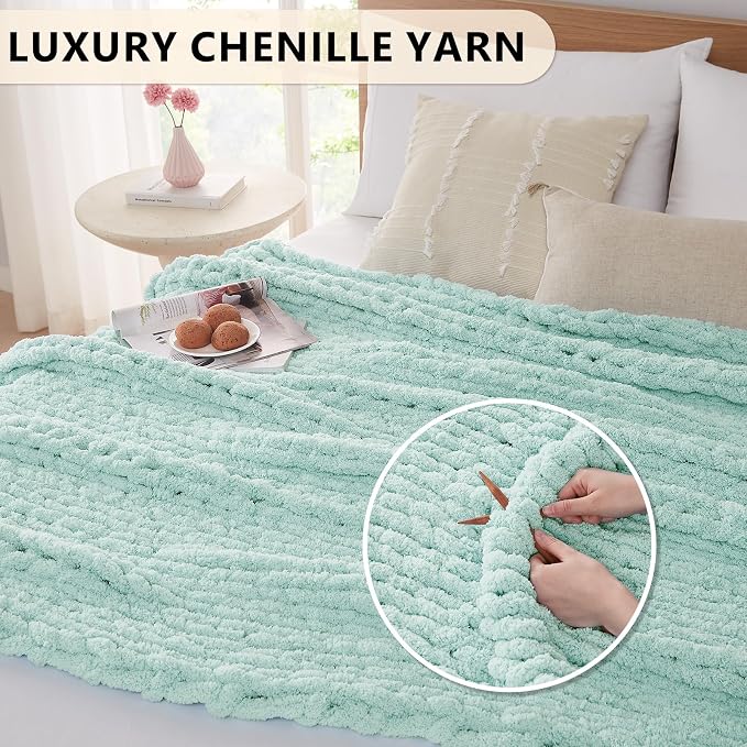 L'AGRATY Chunky Knit Blanket Throw: 60''x80'' Chenille Chunky Knitted Throw Blankets for Bed Couch - Handmade Thick Big Cable Knit Blanket - Large Crochet Rope Blankets for Home Decor(Mint Green)