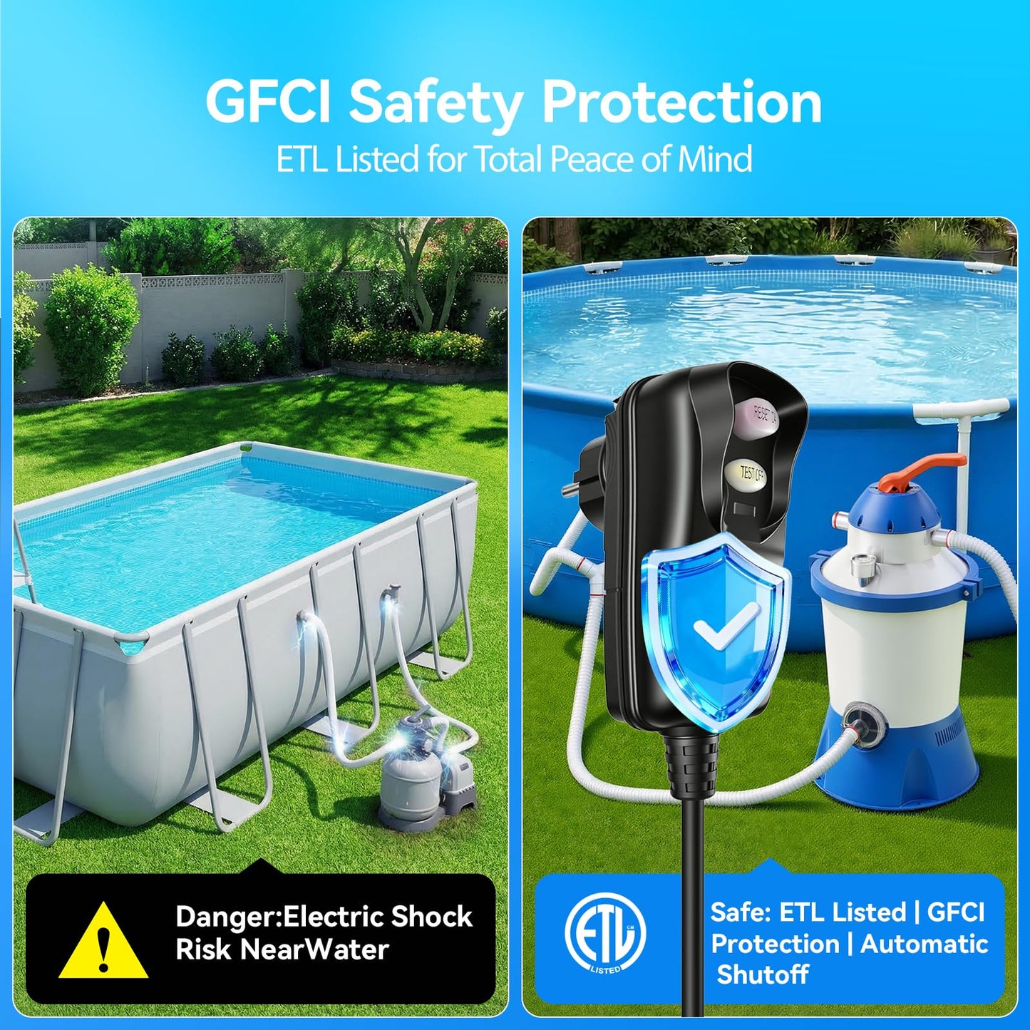 1000 GPH Pool Sand Filter Pump for Above Ground Pools, Energy-Saving & Low Noise - 6-Way Valve - ETL Certified & GFCI Protected
