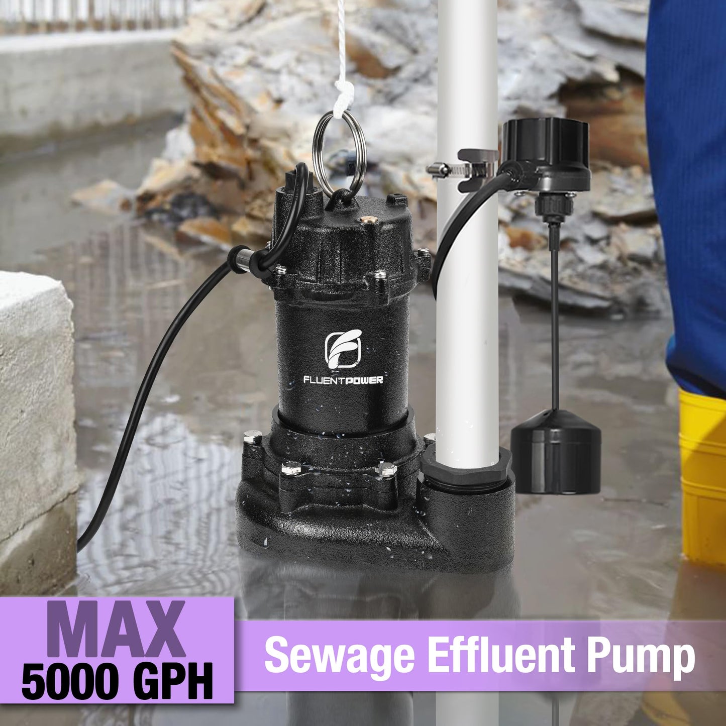 FLUENTPOWER 5000GPH Sewage Effluent Pump, 3/4HP Cast Iron Ejector Submersible Sewer Pump, with Automatic Vertical Float Switch for Residential Basement Septic Basin, 10 ft Cord, 2" NPT Discharge