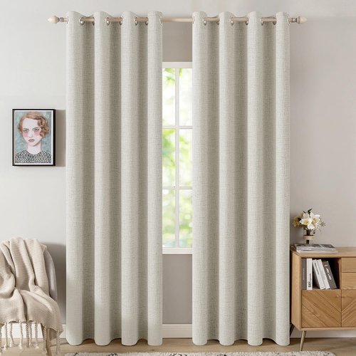 MIULEE Linen Texture Curtains - 100% Blackout Thermal Insulated Draperies | Light Cream, 52x96 Inch (2 Panels)