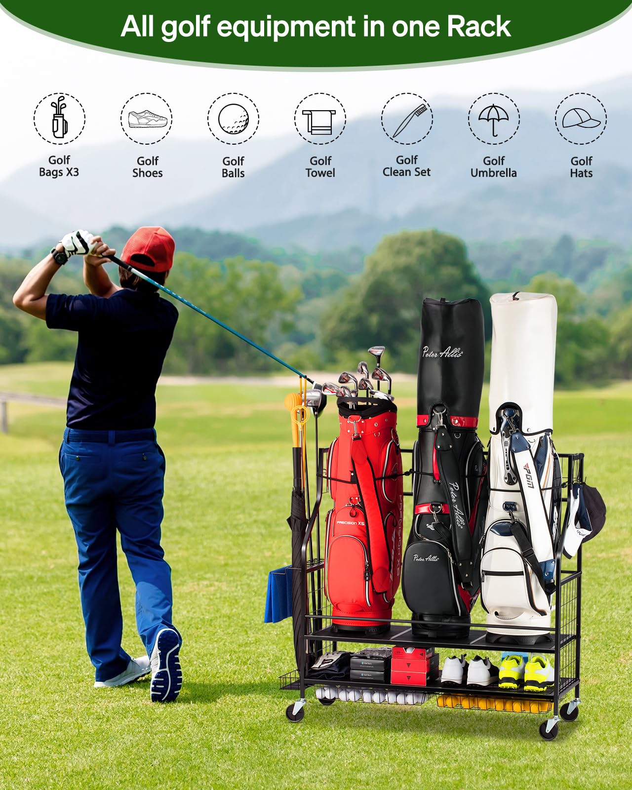 FHXZH 3 Golf Bag Storage Garage Organizer, Golf Bag Stand Fit for 3 Golf Bags, Golf Clubs, Golf Balls, Golf Equipment Accessories, Storage Rack with Wheels for Garage, Club, Shed, Basement