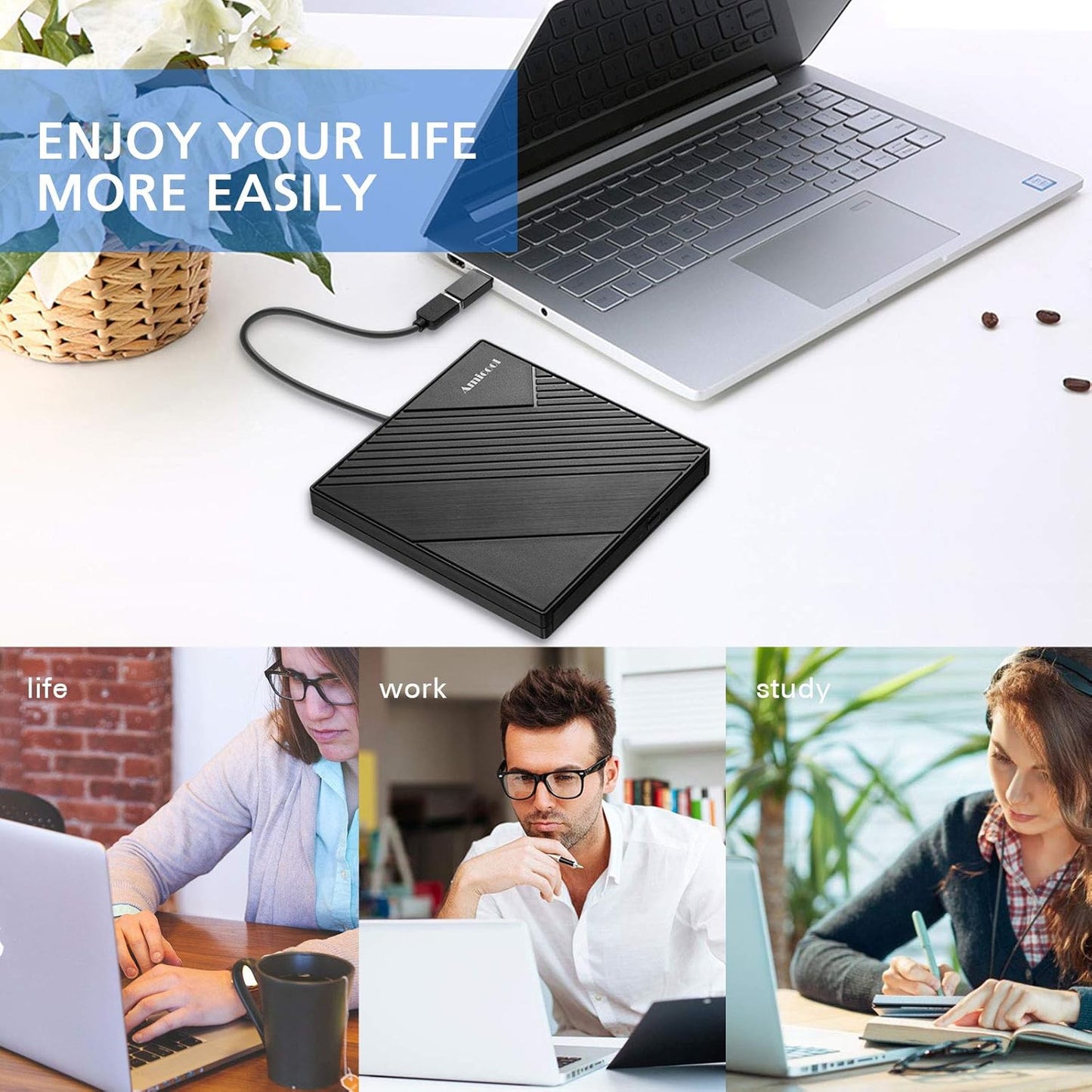 Amicool 3.0 11/10/8/7 External DVD Drive USB USB C CD Burner CD/DVD +/-RW Optical Drive, Slim Portable DVD CD ROM