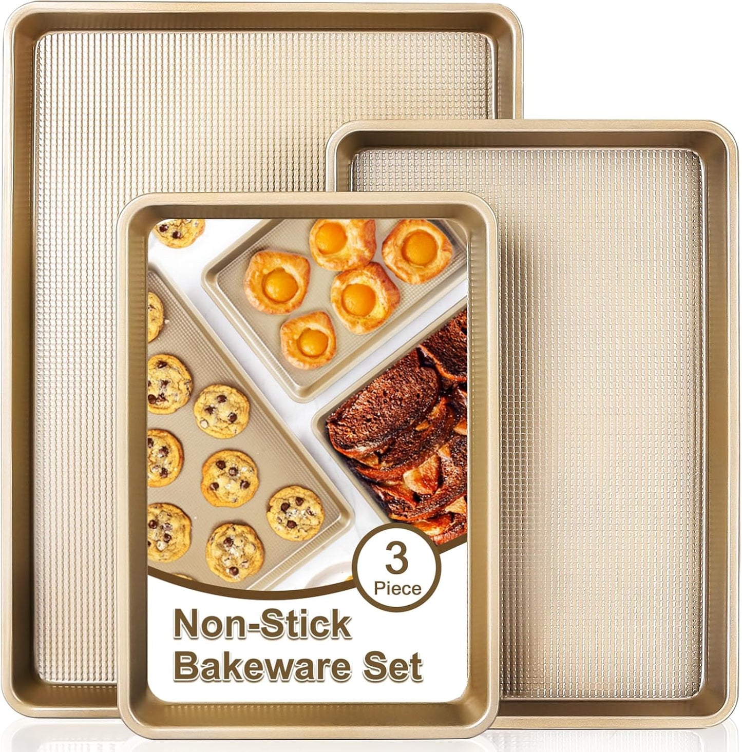 Skiennix Baking Sheet Pan Set - Nonstick Cookie Sheets | Heavy Duty Carbon Steel | 3-Piece Set
