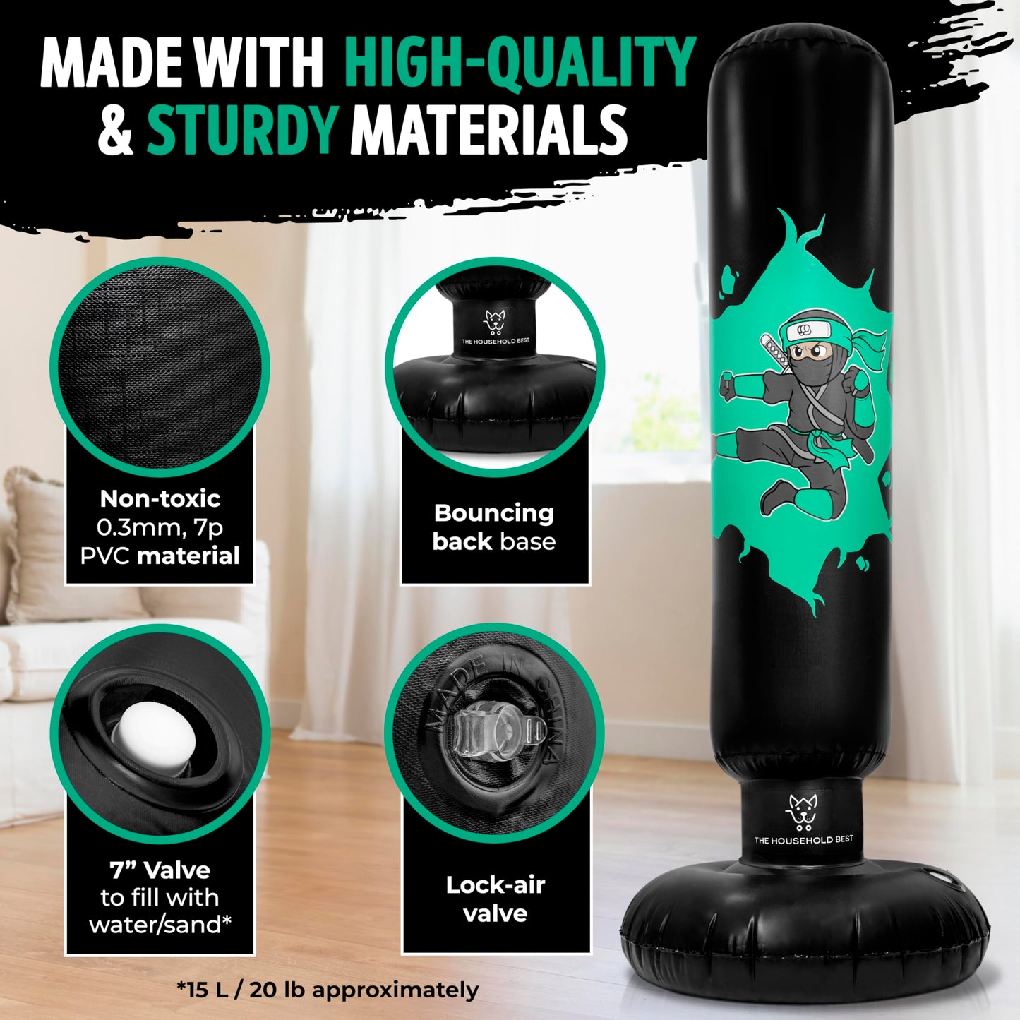 THB Inflatable Punching Bag for Kids, 63" Freestanding Ninja Boxing Bag Including Electric Air Pump with Gloves for Practicing Karate, Taekwondo, Stress Relief & Birthday for Ages 3-12