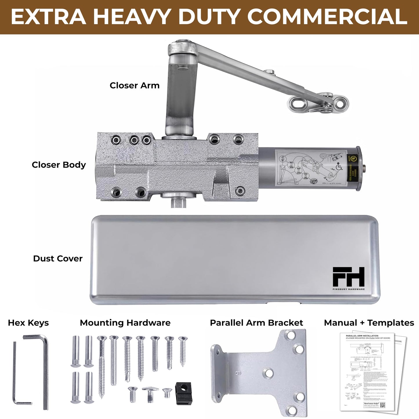 Finsbury FH‑9500 Commercial Door Closer, Heavy Duty Grade 1 Aluminum, Hydraulic Auto Close, Adjustable Spring 1–6, UL 3‑Hour Fire Rated, ADA Compliant, Surface Mount for High Traffic Doors (Aluminum)