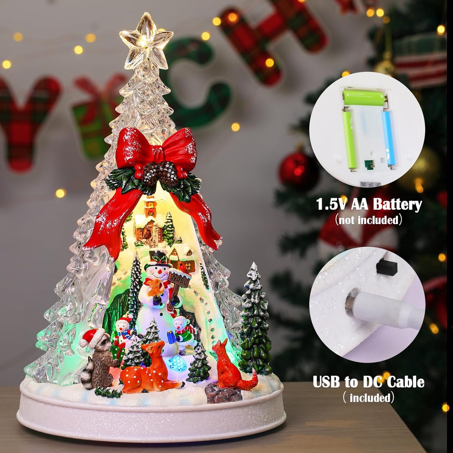 Priddop Christmas Village Scene - Animated Tree with Rotating Snowman & LED Lights | Musical Home Decor