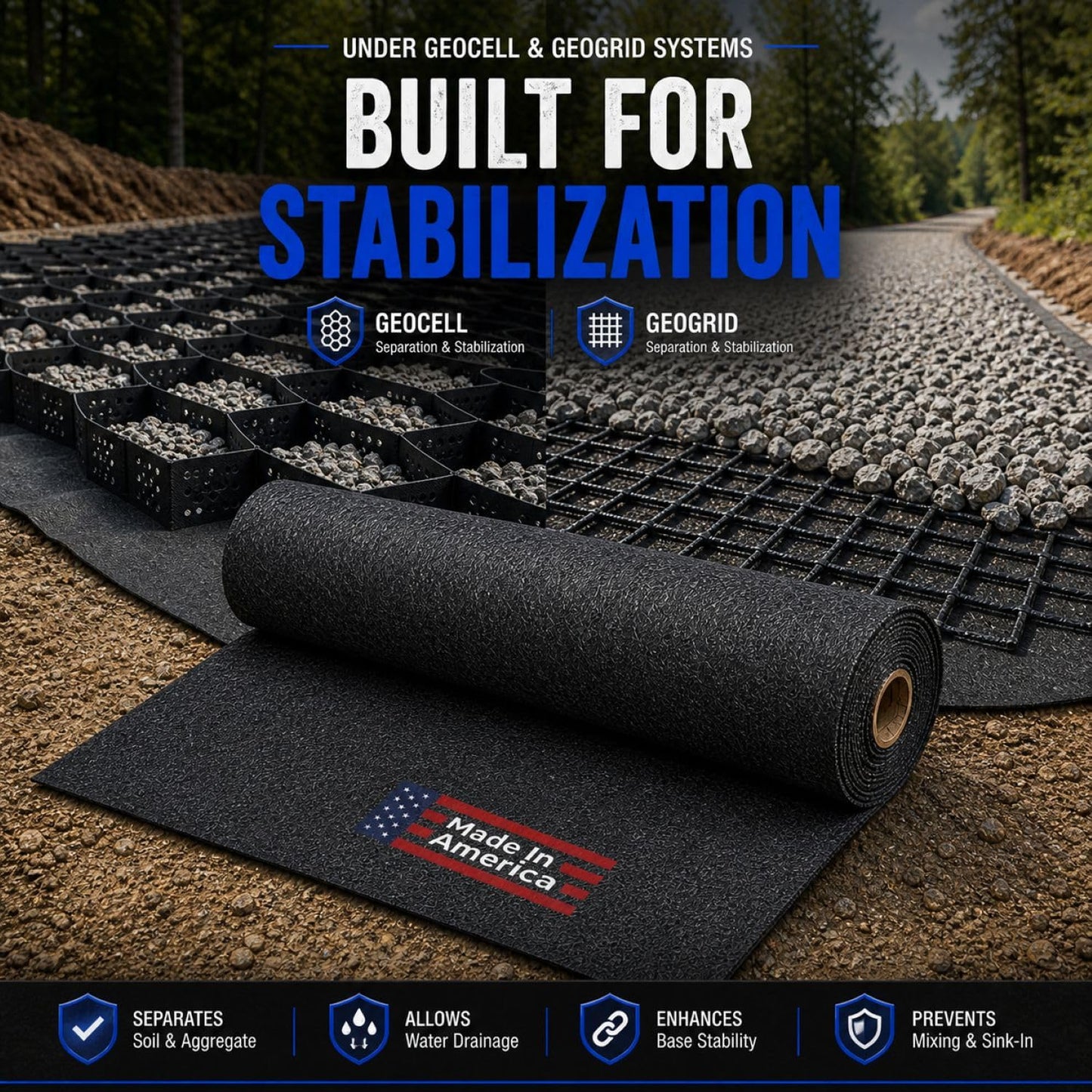 Sandbaggy Geogrid & Geocell Underlayment Fabric | Non-Woven Geotextile (8 oz) – Soil Stabilization for Driveways, Roads & Gravel – Erosion Control for Slopes & Walls | USA Made (15 ft x 50 ft Roll)