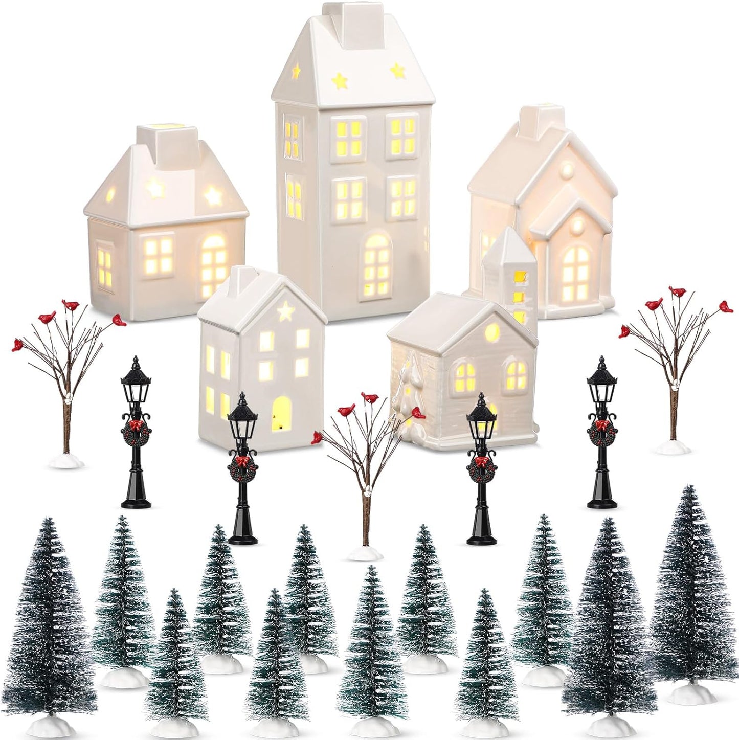 WinnerWhy Christmas Village House Set - 24 Pcs LED Lighted Mini Ceramic Ornaments for Festive Decor