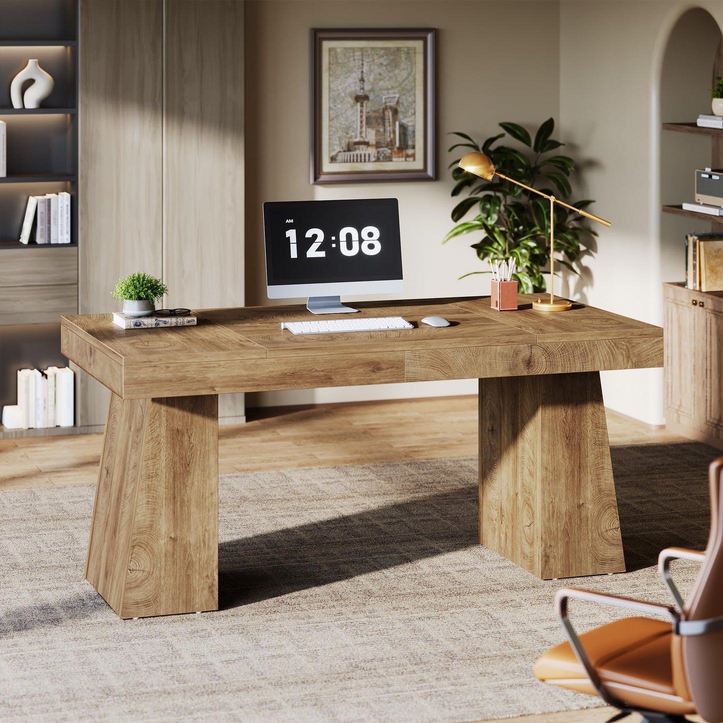 Tribesigns 55-Inch Executive Desk, Thick Wood Office Computer Desk with Double Pedestal, Modern Minimalist Workstations Writing Table Conference Table Furniture for Home Office, Brown
