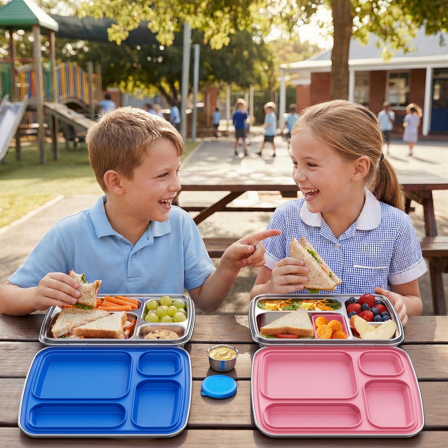 Eoika Stainless Steel Bento Box for Kids, Kids Lunch Box with 4-Compartment, Metal Lunch Box with Silicone Container & Sauce Cup, Durable Lunch Box Containers for School and Office (Blue)