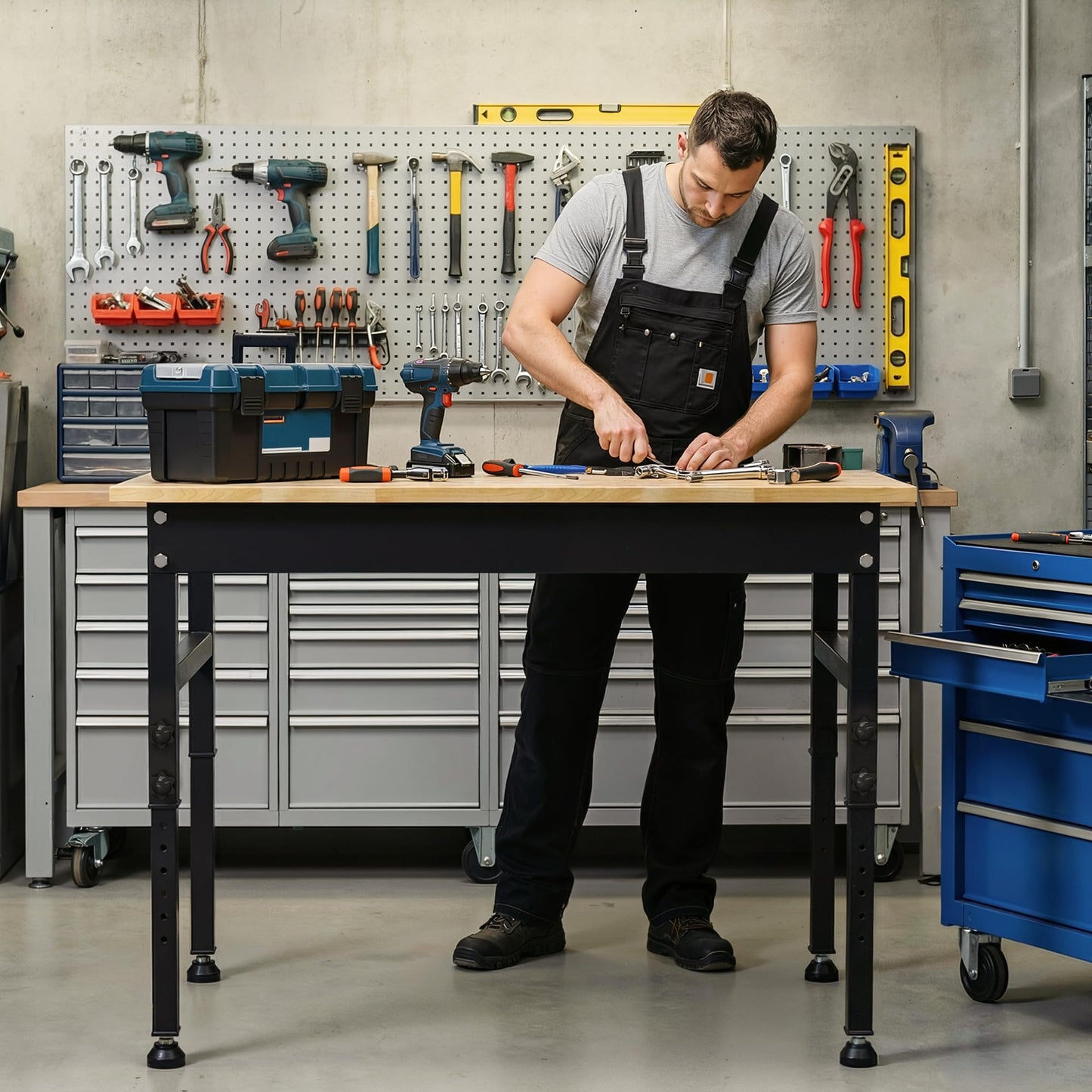 47" Height Adjustable Workbench, 2000 LBS Load Capacity Workstation Desk, Rubber Wood Top Workstation with Power Outlet, Heavy-Duty Hardwood Worktable for Workshop, Garage