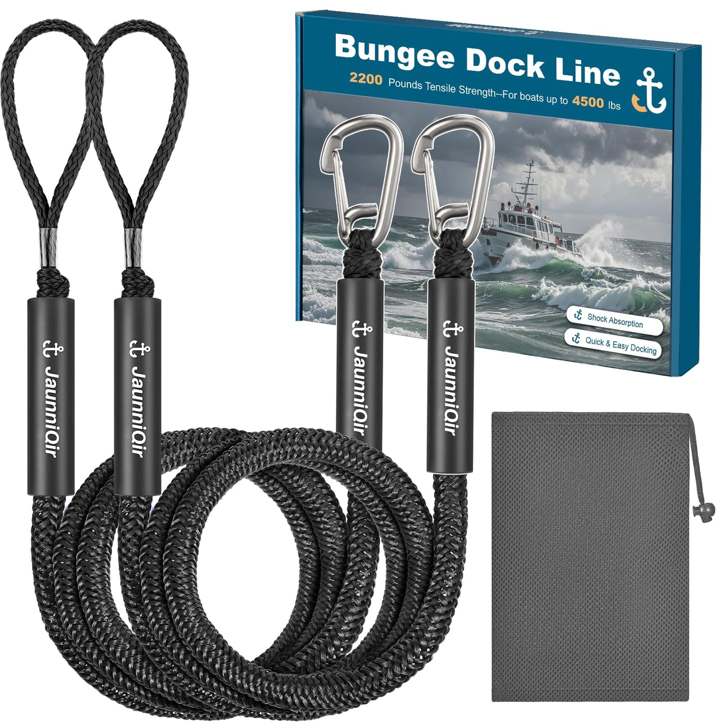 JaunniQir Bungee Dock Lines for Boats 7.2 Feet, 2 Pack Dock Lines with 316 Stainless Clips for PWC, Jet Ski, Kayak, Watercraft, Pontoon, Shock Absorbing Tie Off Downs Boat Mooring Ropes Accessories