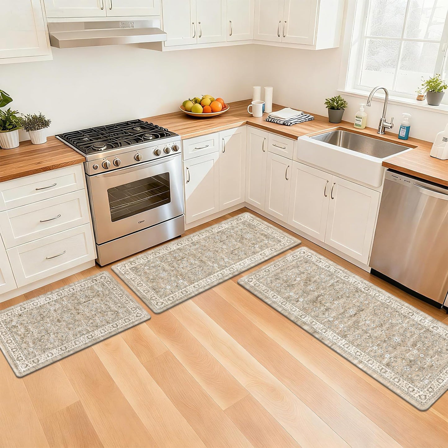 Pauwer Anti Fatigue Kitchen Floor Mats Set of 3, PVC Foam Padded Kitchen Rugs, Non Slip Cushioned Comfort Standing Mat, Waterproof Sink Rug for Small Kitchen Area, Laundry Room, Light Brown
