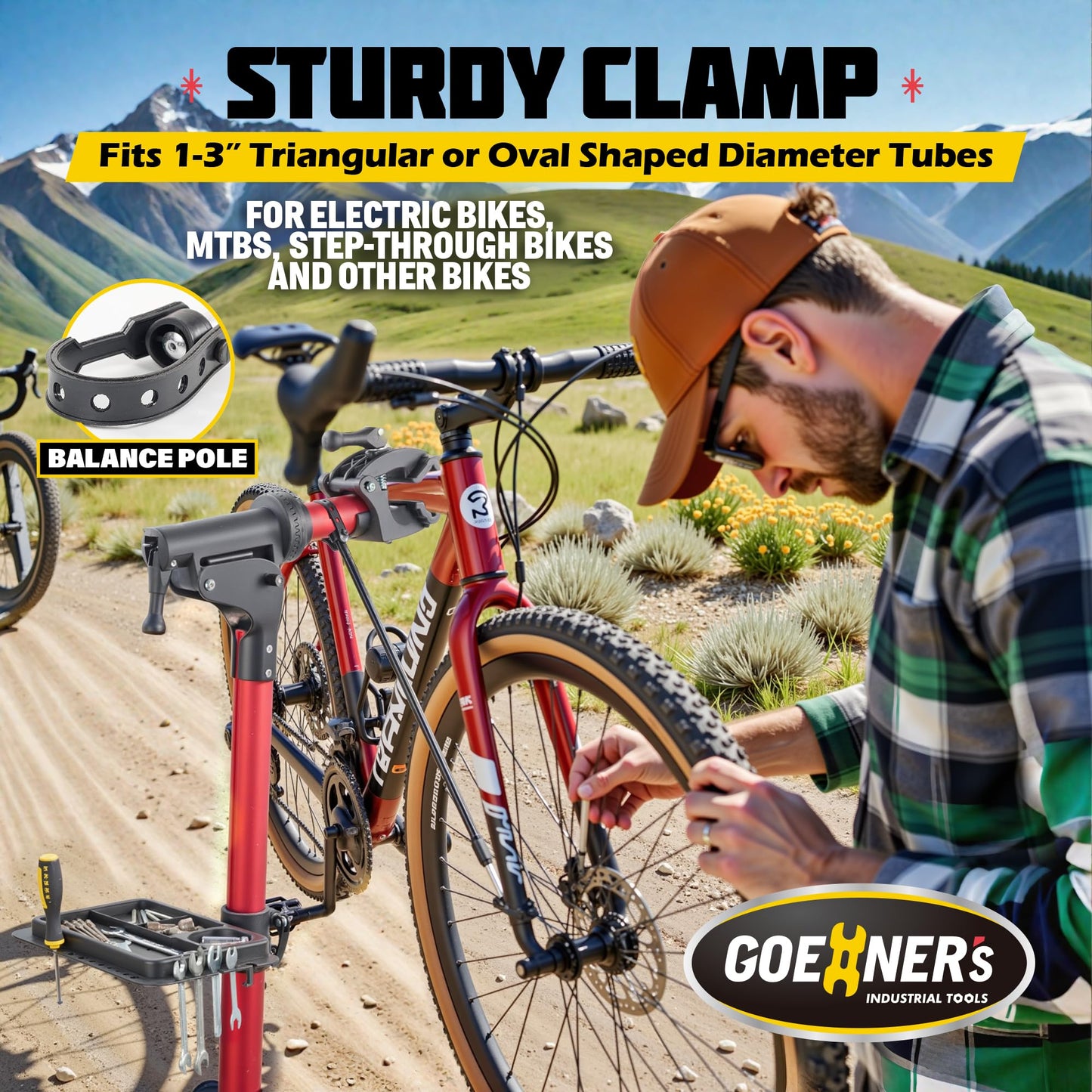 GOEHNER's Upgrade 2.0 Bike Repair Stand (Max 110 lbs) – Portable Aluminum Bicycle Workstand for Electric, Mountain, and Road Bikes