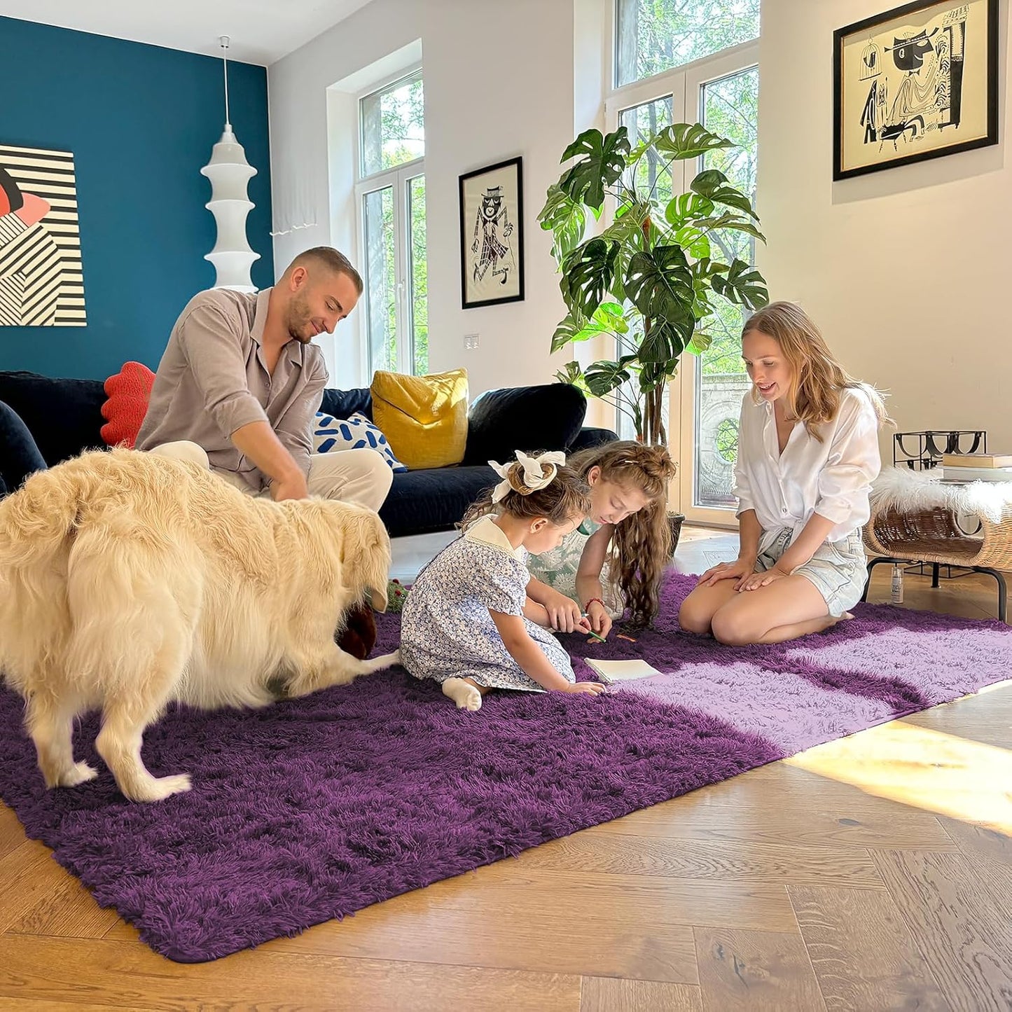 OLANLY Area Rug - Soft Fluffy Shaggy Carpet for Living Room & Bedroom - 4x5.9 ft Dark Purple