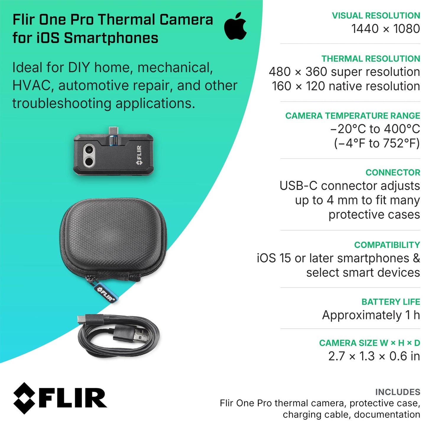 Flir One Pro - Thermal Imaging Camera for iOS Smartphones (iPhone 15 and Newer w/USB-C), 480x360 Super Resolution (160x120 Native IR)