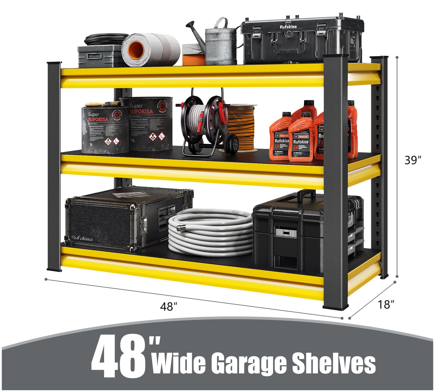 Rufokisa 48" W Garage Shelving Heavy Duty, 1650LBS Loads Adjustable Garage Storage Shelves,3-Tier Metal Storage Racks and Shelving Units, Utility Rack Shelves,48" W x 18" D x 39" H,Yellow