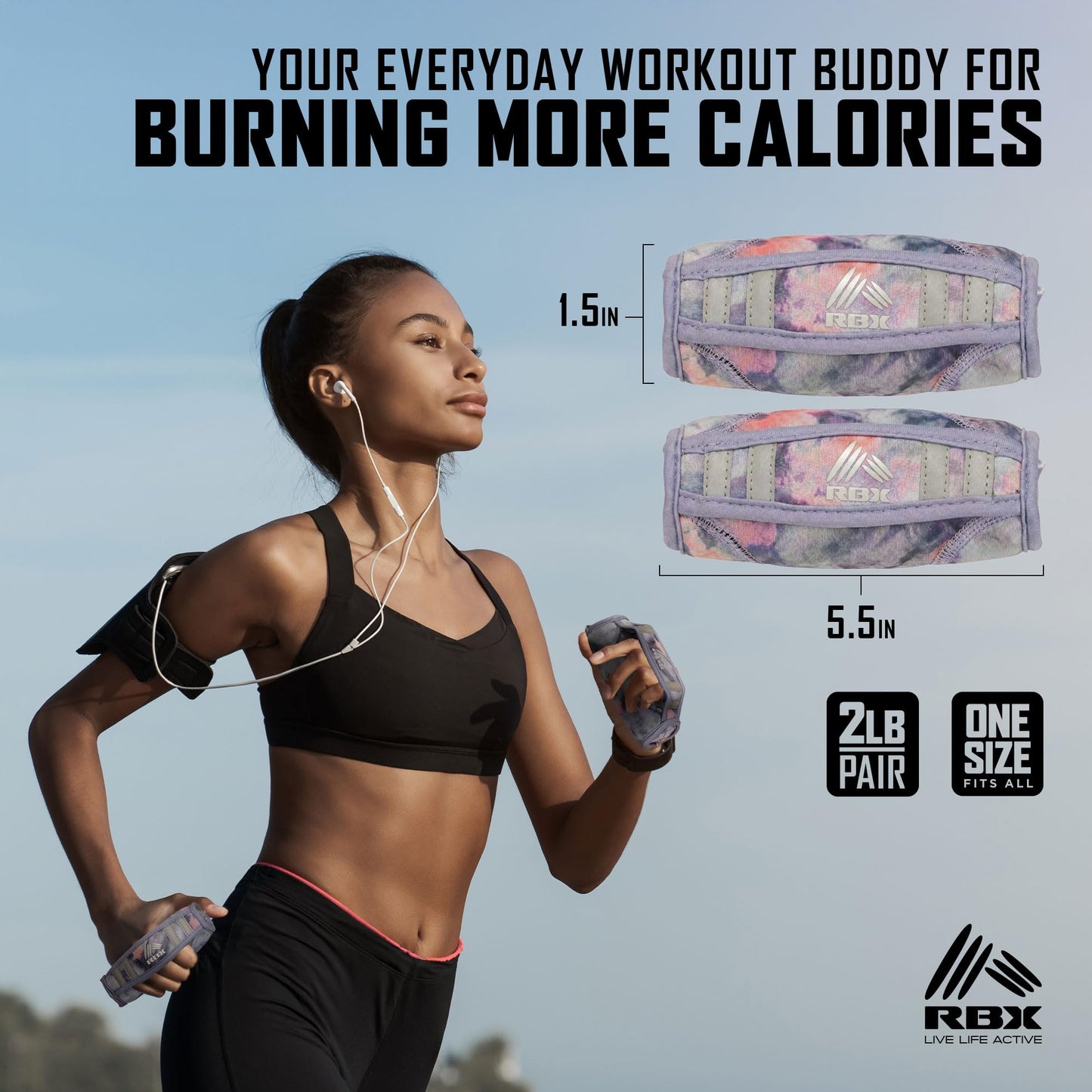 RBX 2lb Walking Weights Pair (1lb Each), Soft Hand Weights with Reflective Safety Straps, Ergonomic Grip & Breathable Fabric, Add Resistance to Walking, Jogging & Aerobics (Light Purple)