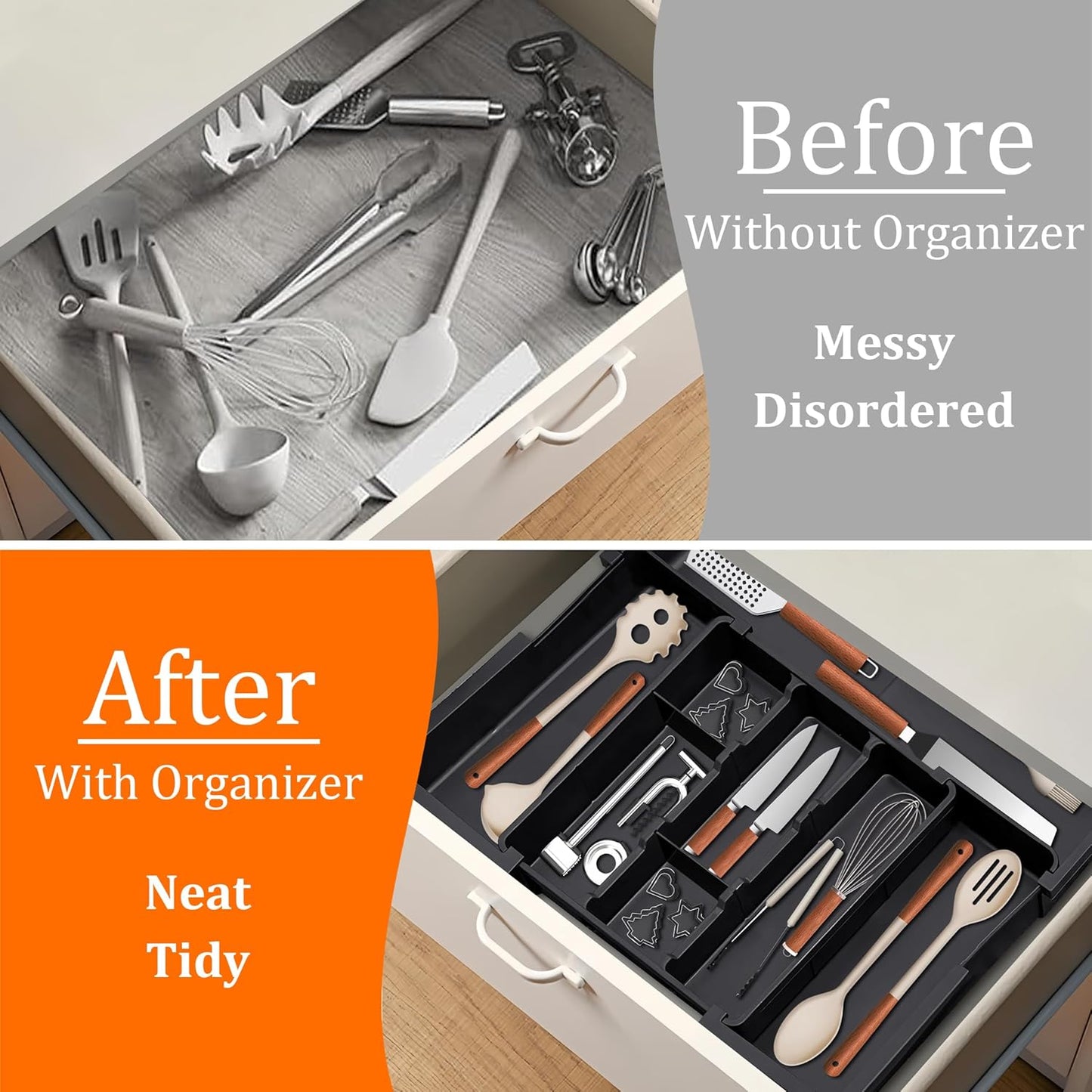 Spaclear Utensil Drawer Organizer - Expandable Silverware Holder with Adjustable Dividers | Black