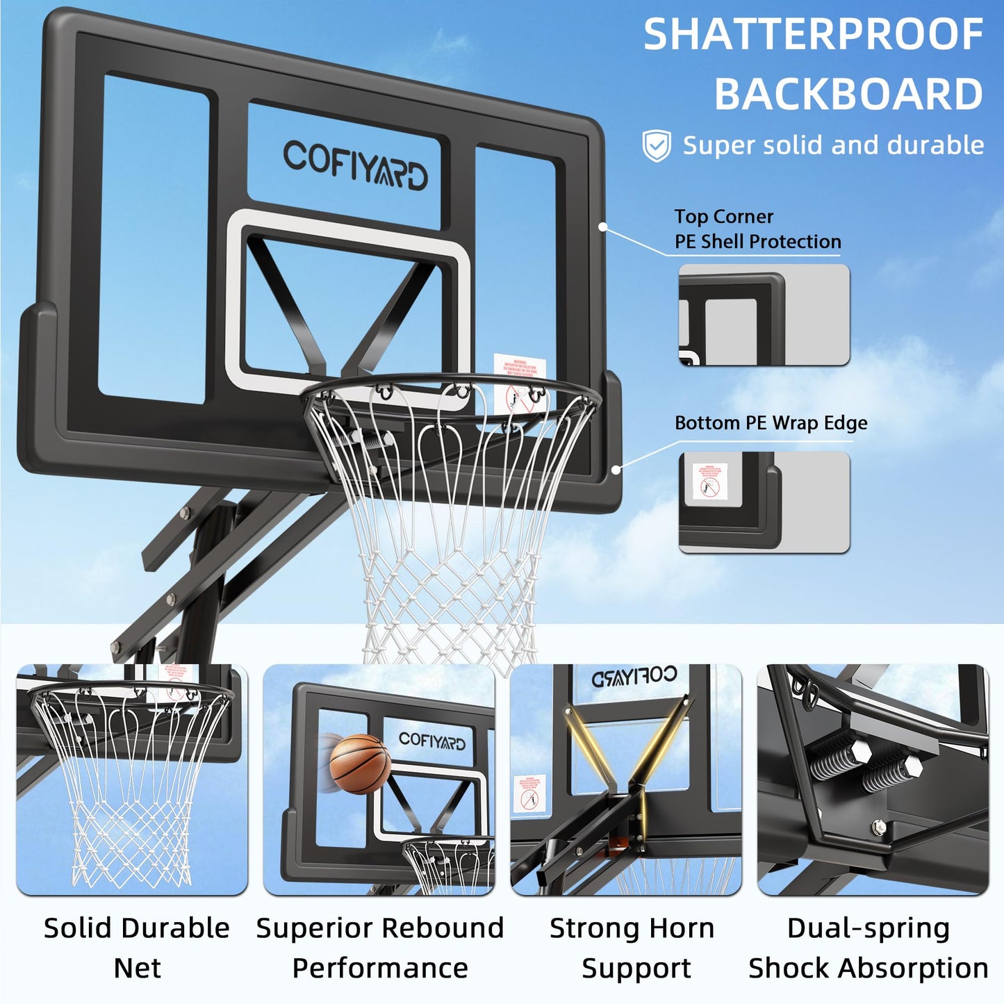 Cofiyard Basketball Hoop Outdoor with 44&48&54In Shatterproof Backboard, 5.25-10FT Height Portable Basketball Hoop with Sandbag, Adjustable Basketball Goal System