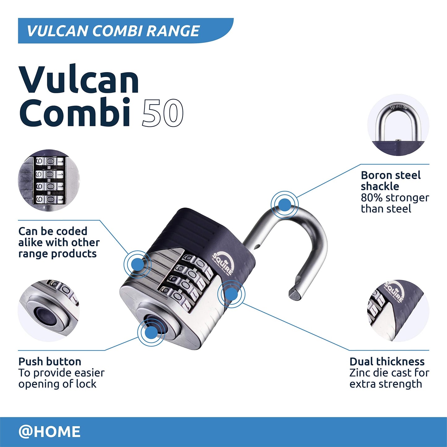 Squire Heavy Duty Padlock (Vulcan Combi 50) - Toughest Open Shackle - 4 Wheel Vulcan Padlock - Steel Cast Alloy for Corrosion Resistance - Weatherproof Lock for Home, School & Shed (Blue, 2")