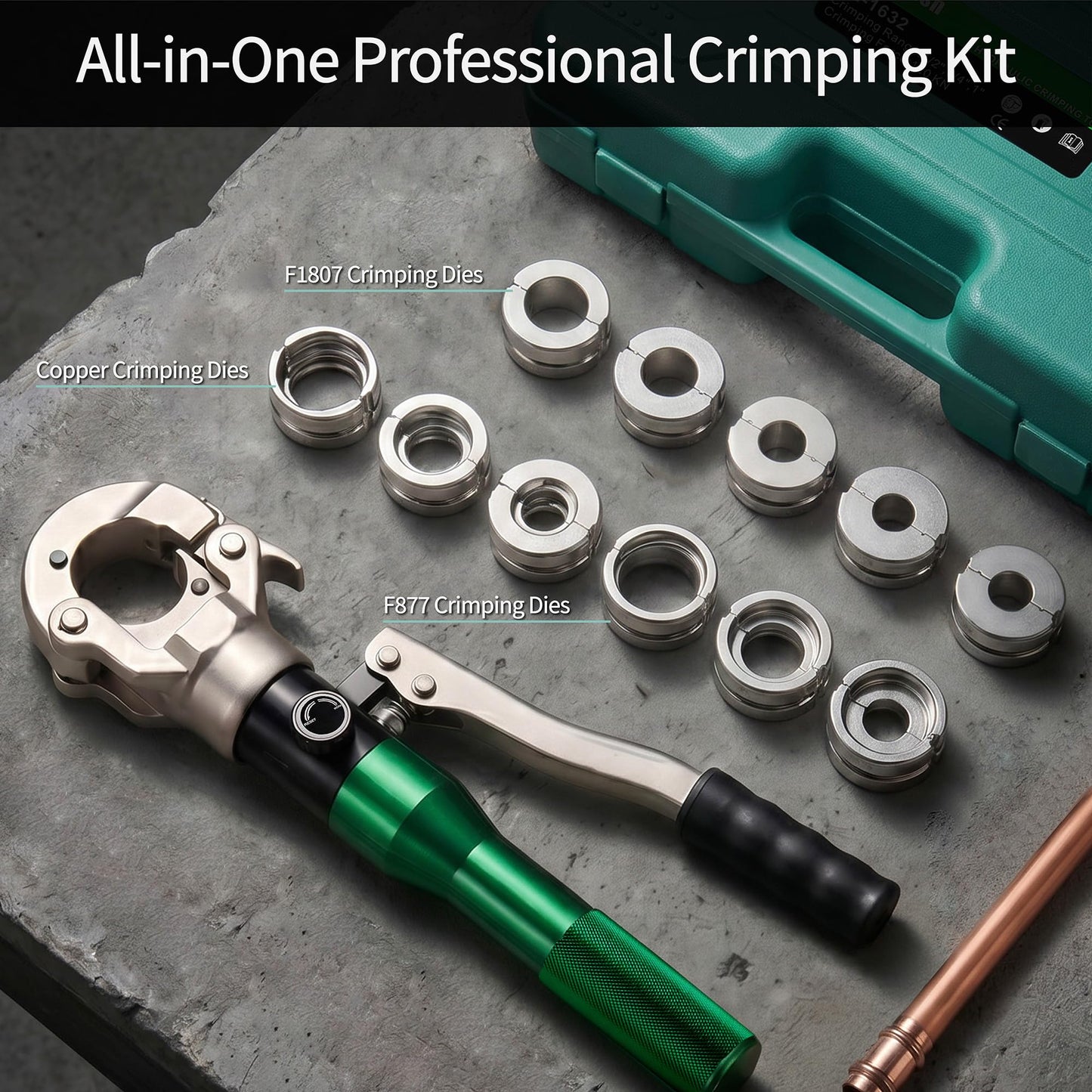 Growlush Copper Pipe press Tool with 1/2",3/4",1" Dies for Copper Pipe and F877 Stainless PEX Press Sleeves, 3/8",1/2",5/8",3/4",1" Dies for ASTM F1807 Pex Pipe Copper Ring Pipe Fittings Crimping Tool
