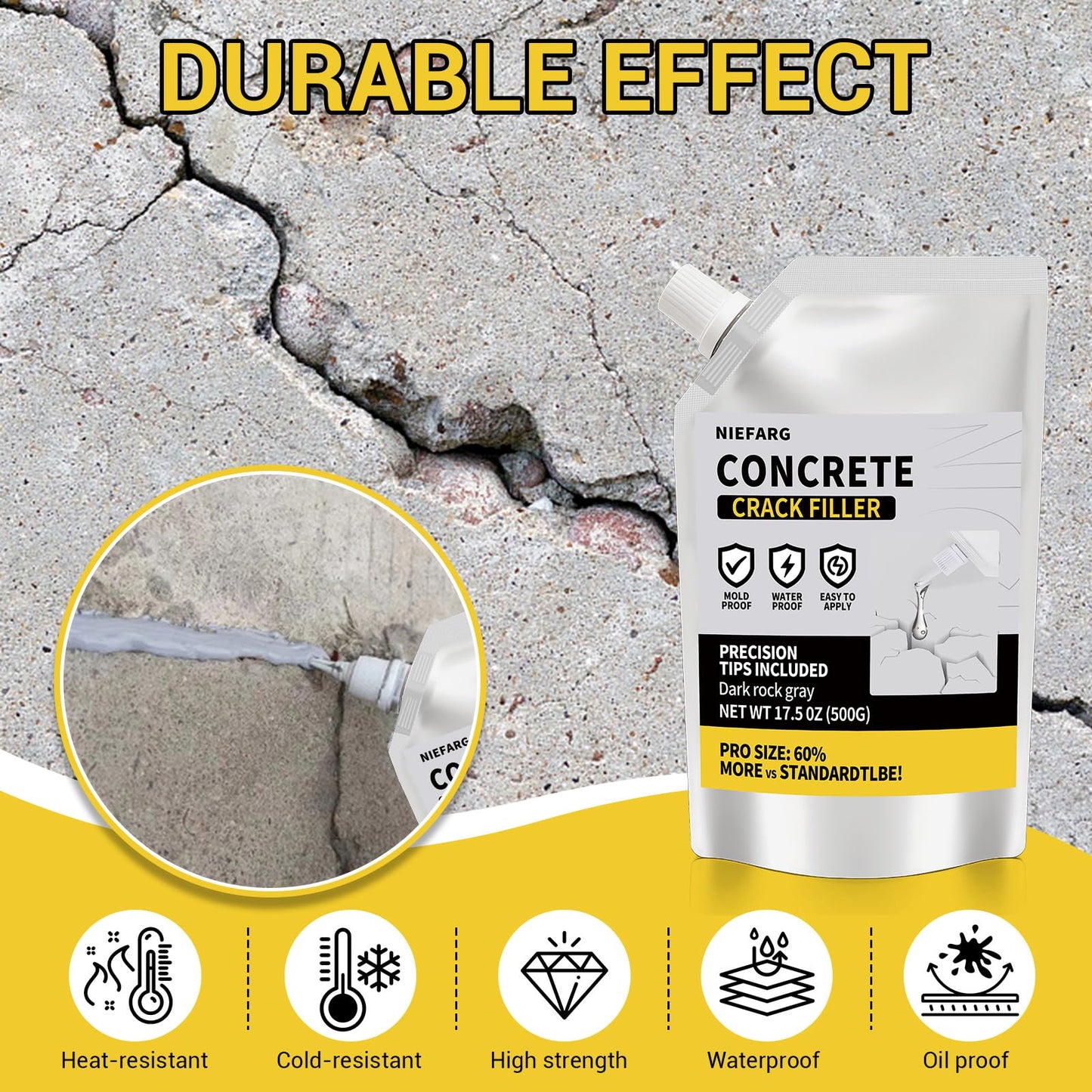 Concrete Crack Filler for Driveway, High Elasticity Cement Crack Filler, Self Leveling Quick Drying Sealing Adhesive for Outdoor, Patio, Waterproof (3.3 LB)
