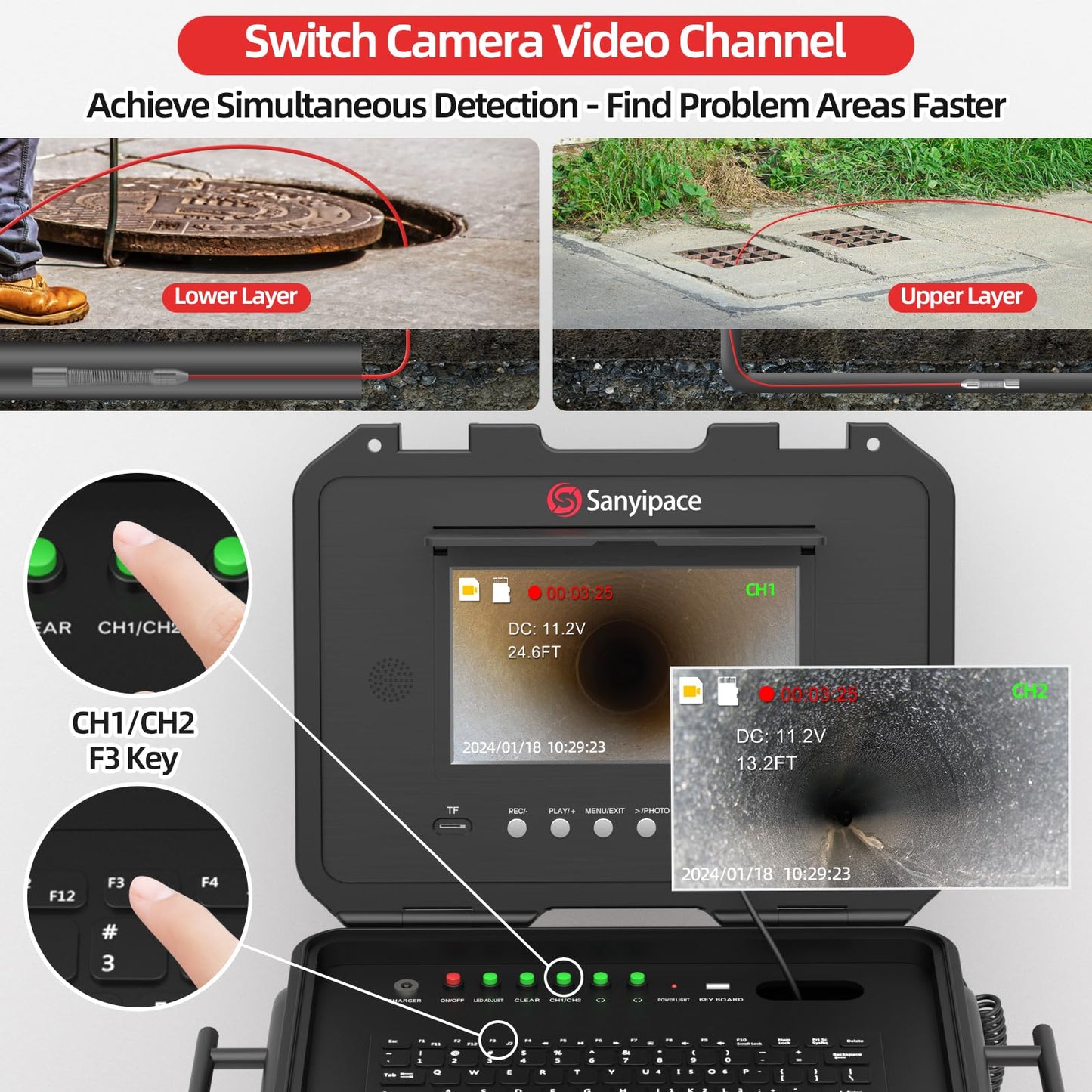 Sanyipace Sewer Camera 100FT/30M with DVR Recorder, Drain Camera with Lights, Pipe Sewer Scope Inspection Camera with IP68 Waterproof Camera Probe, 9" Color Screen, 16GB TF Card, Camera Guide Wheel