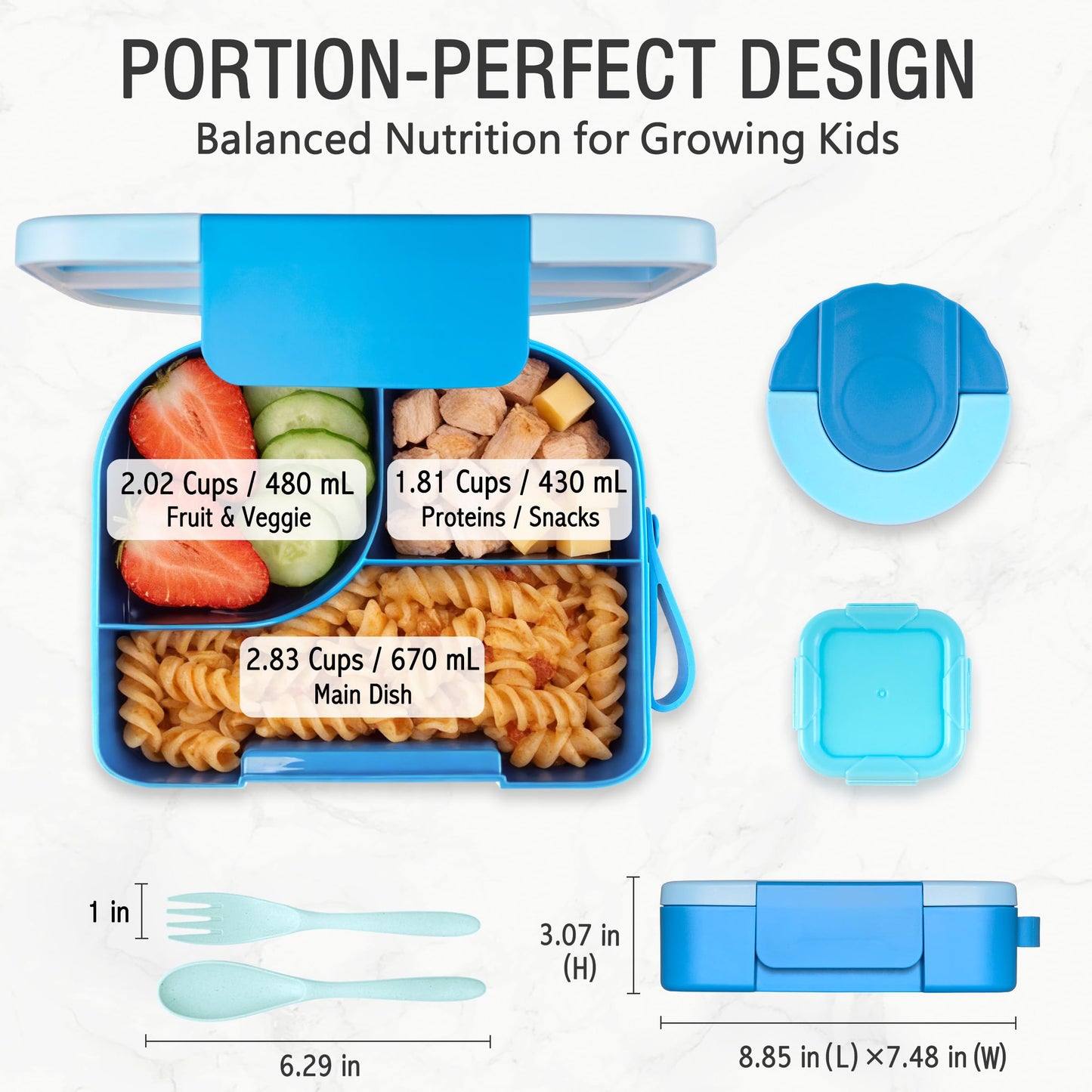 TinyPalsa Bento Box for Kids with 10oz Insulated Food Jar, Leak-Proof Kids Lunch Box with Thermal Food Container, 3 Compartments, Portable Handle, Dishwasher Safe, Ideal for School & Travel (Blue)