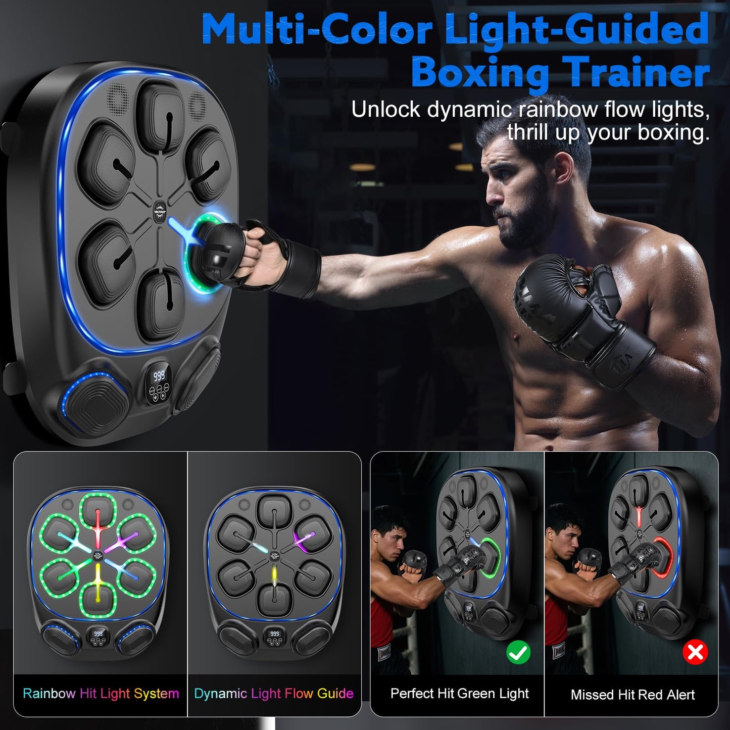 Music Boxing Machine for Kids and Adults, 8 Interactive RGB Light Targets with Bluetooth Speaker, Large Wall Mounted Boxing Music Workout Machine with Gloves, Smart Punching Pad for Home Gym