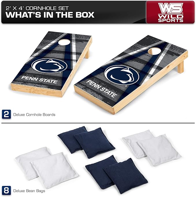 Wild Sports NCAA College 2' x 4' Wood Direct Print Tournament Cornhole Set, 8 Bean Bags, Vintage Triange Design - Tailgate, Outdoor, Backyard