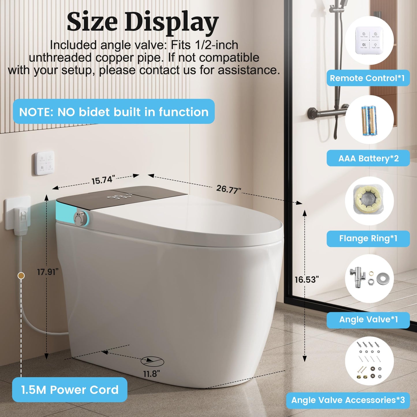 Smart Toilet with Heated Seat, Foot Sensor Auto Flush, One Piece Toilet for Bathroom, Electric Tankless Toilets with Night Light, LED Display, Dual Flush Remote - Pre-Wetting