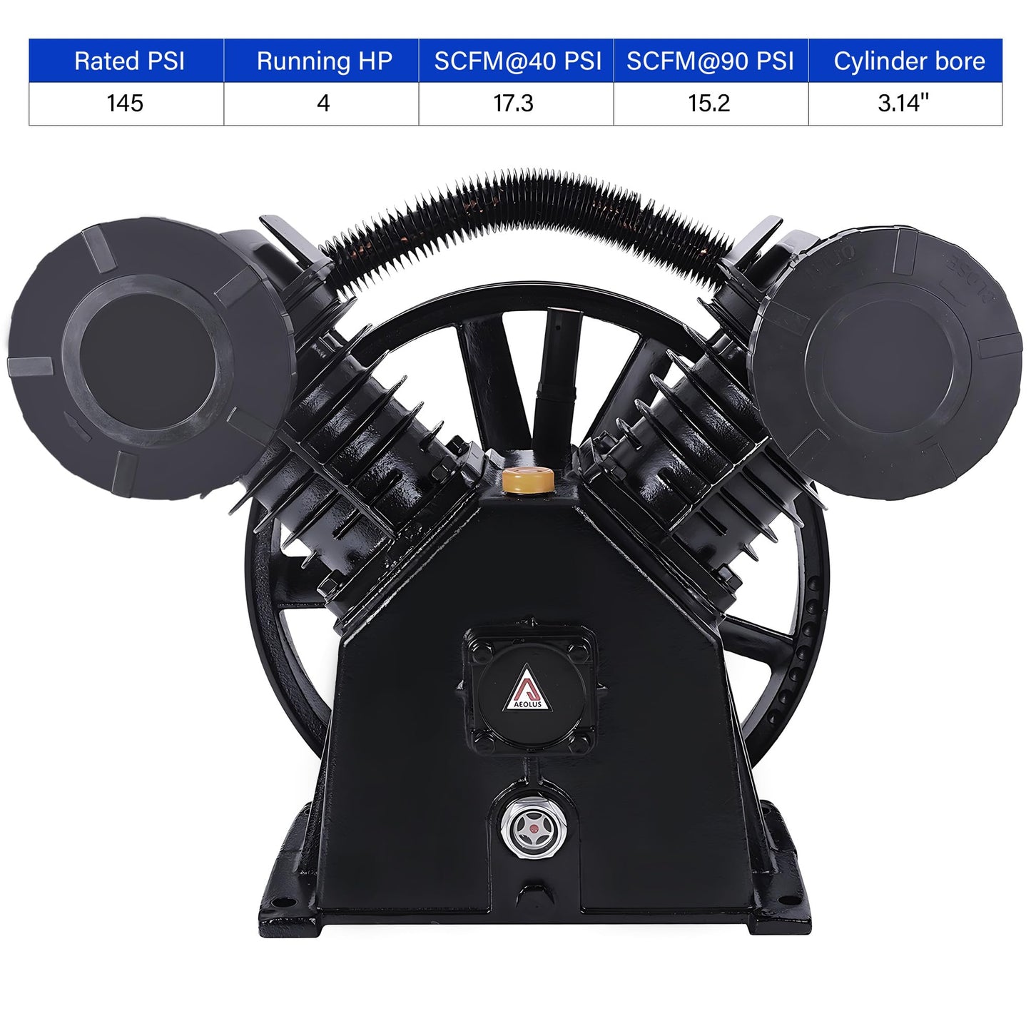 Cast Iron Twin Cylinder Air Compressor Pump Replacement, 145PSI 4HP, 8Bar