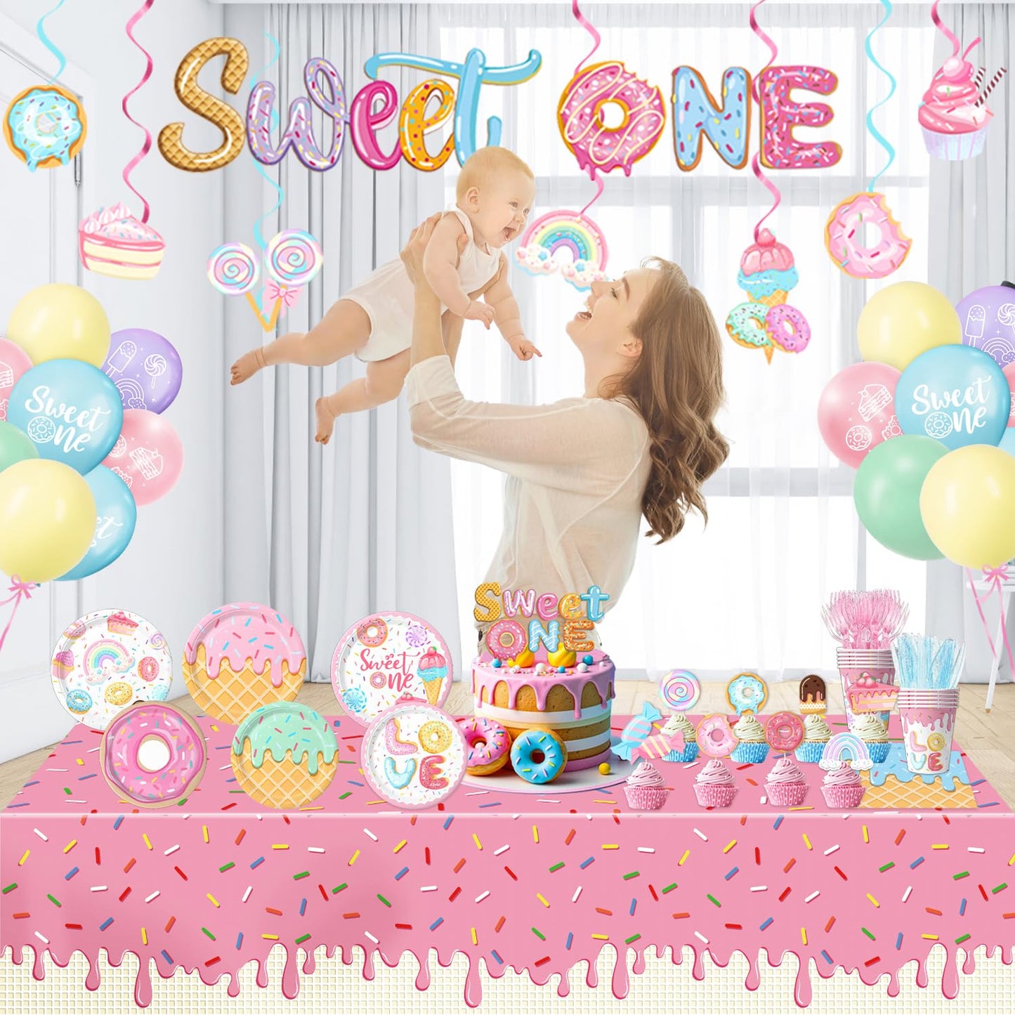 Sweet One Birthday Party Decorations Includes Plates, Napkins, Cups, Cutlery, Cake & Cupcake Toppers, Banner, Hanging Swirls, Tablecloth, Balloons for Girl Donut First Birthday Decorations, Serve 24