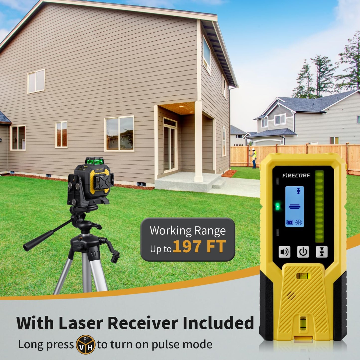 Firecore Laser Level with Receiver Kit, 1/13" High Accuracy, Laser Level 360 Self Leveling with Pulse Mode for Outdoor Up To 197ft, Rechargeable Green Line Laser for Home Renovation Construction-F93