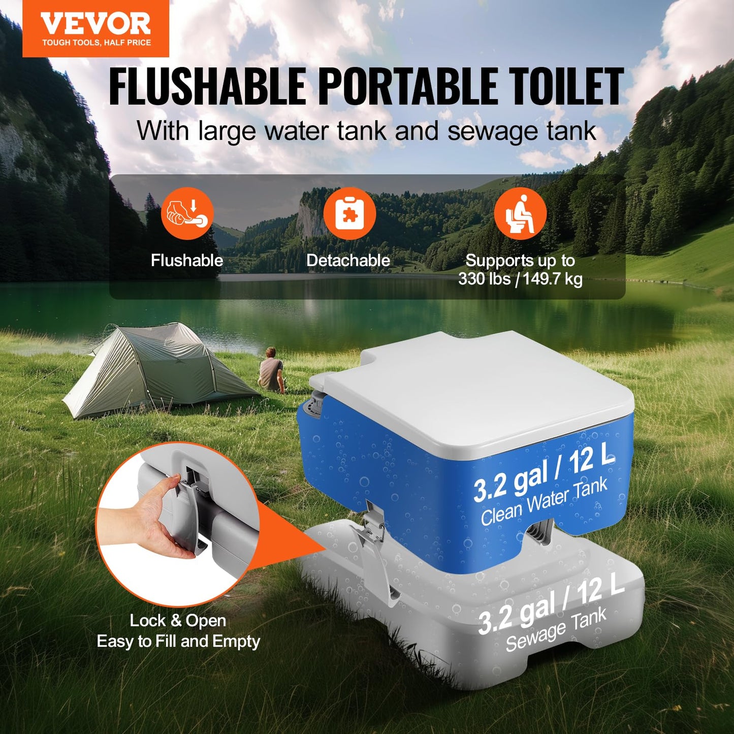 VEVOR Portable Toilet for Camping, Porta Potty with 3.2 Gal Waste Tank & 3.2 Gal Flush Tank, Push-Button Pressurized Flush Commode with Level Indicator, Travel Toilet for Adults Kids Camping Car Trips