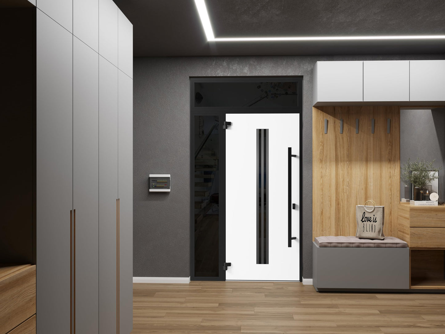VDOMDOORS Front Exterior Prehung Steel Door/Ronex 1055 Teak/Side and Top Exterior Window Sidelite/Entry Metal Modern Painted W36+12" x H80+16" Right Hand Inswing