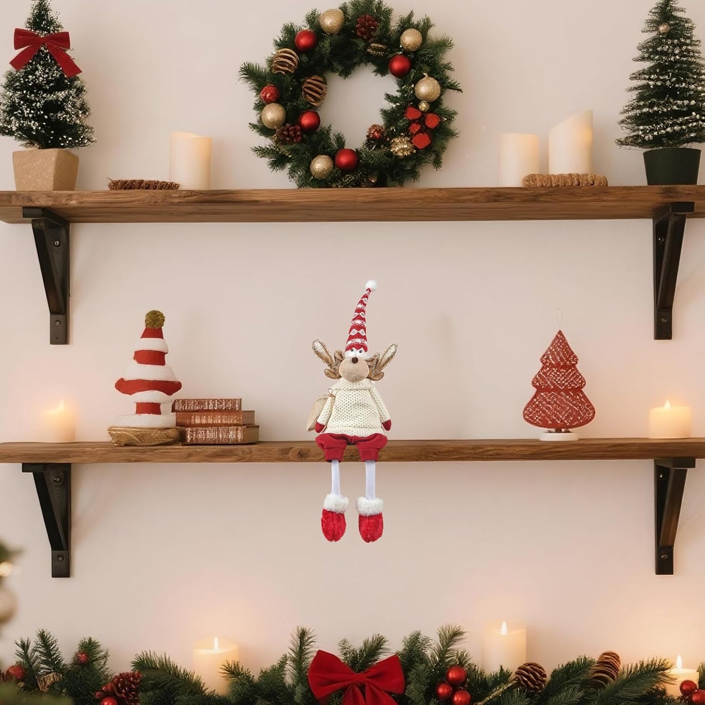 Regine Switzerland Christmas Sitting Reindeer Shelf Sitter Decor - 24 Inch Plush Figurine with Dangling Legs & Weighted Bottom for Holiday Mantel/Tabletop
