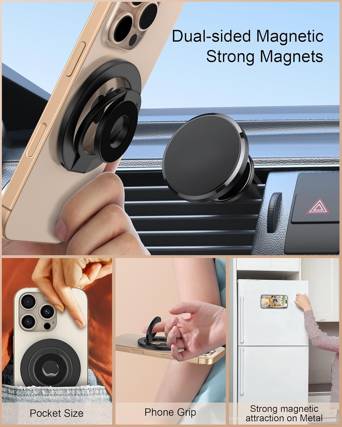 17e 17 Phone Ring Holder Grip with Dual-Side Magnets, Universal Magnetic Kickstand Stand, Wireless Charging Friendly