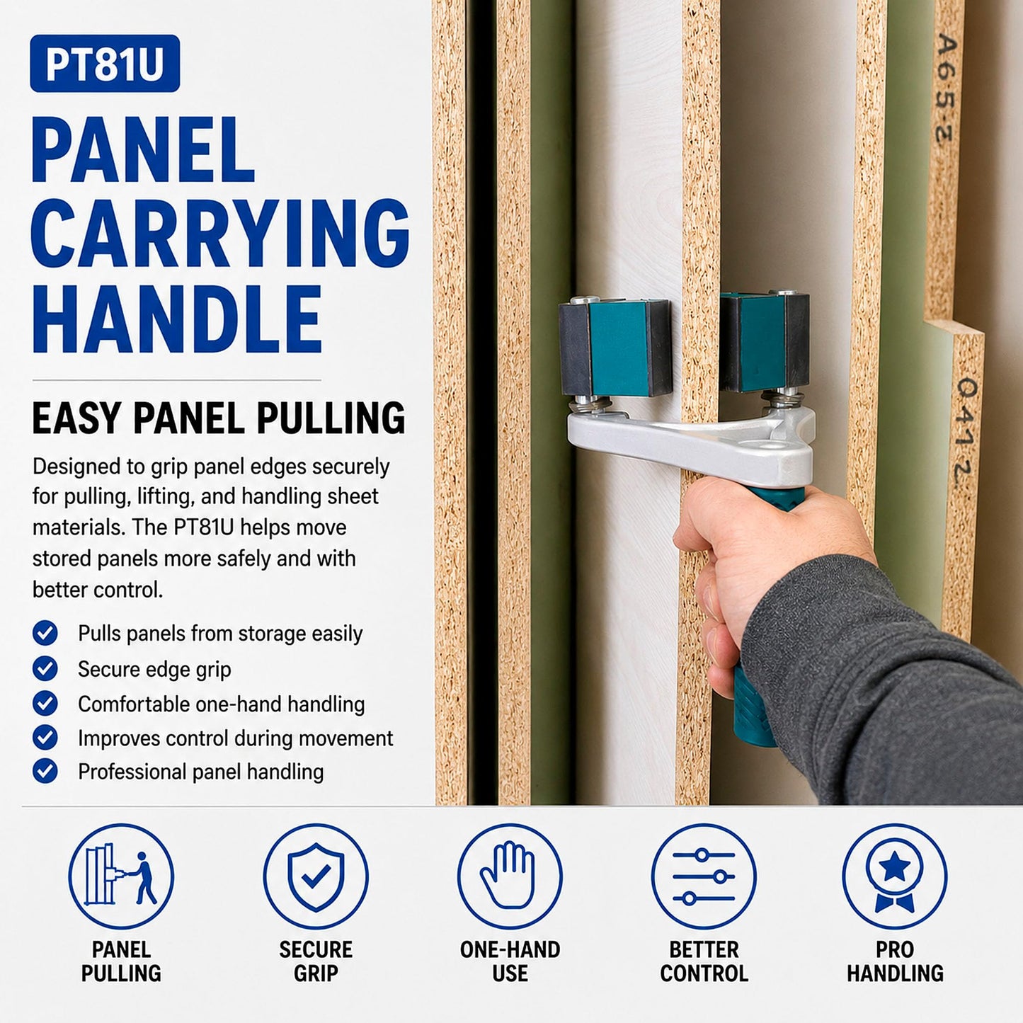 Virutex PT81U Panel Carrier & Plywood Carrying Tool – Drywall & PVC Sheet Lifter, 46mm / 1.81" Capacity, 70kg Load, Ergonomic Aluminum Handle