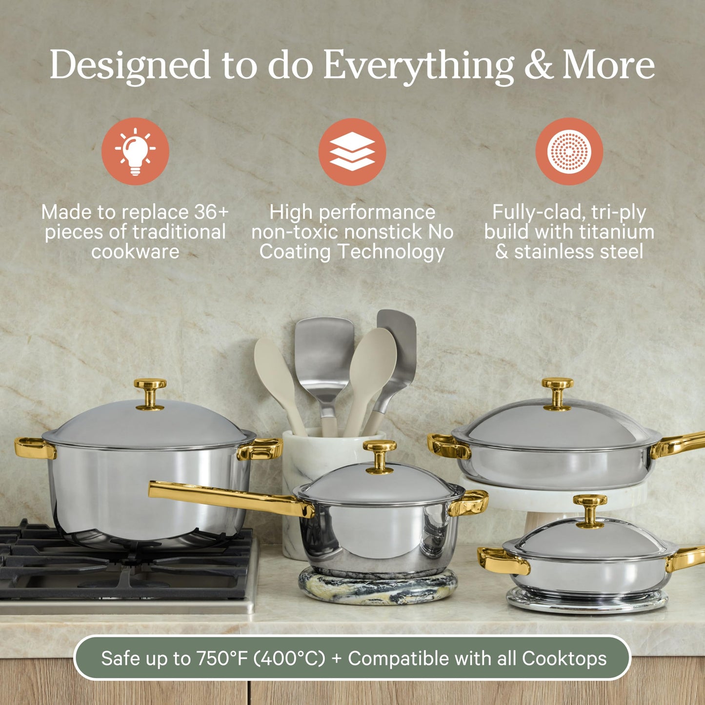 Our Place Titanium Pro Cookware Set | 10-Piece Pots and Pans Set with Always Pan Pro, Perfect Pot Pro & Minis | Non-Toxic No-Coating Nonstick | Induction & Oven-Safe up to 750°F | Gold