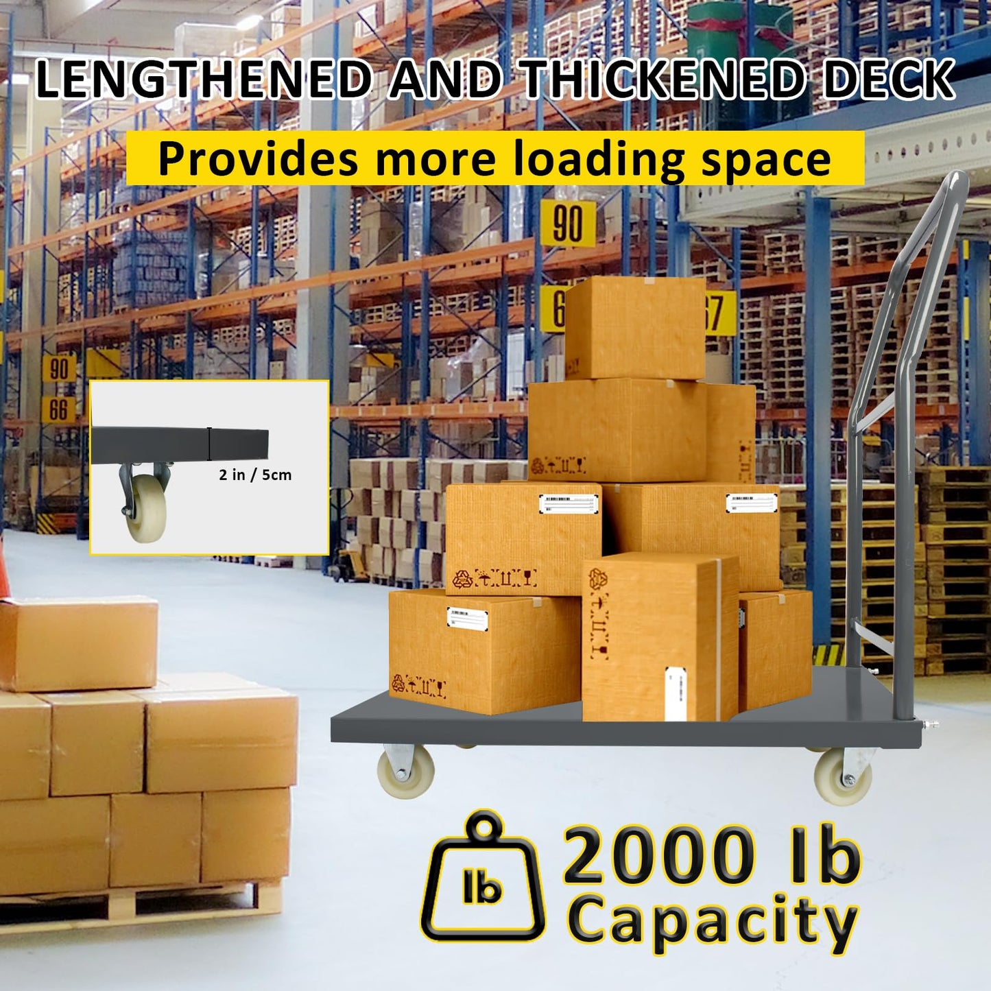 Heavy Duty Platform Truck Moving Flatbed Cart, 24"x36"Push Dolly, 2000 LBS Dolly Cart Flatform with Wheels and Handle, Steel Flatbed Cart for Luggage Moving, Shopping