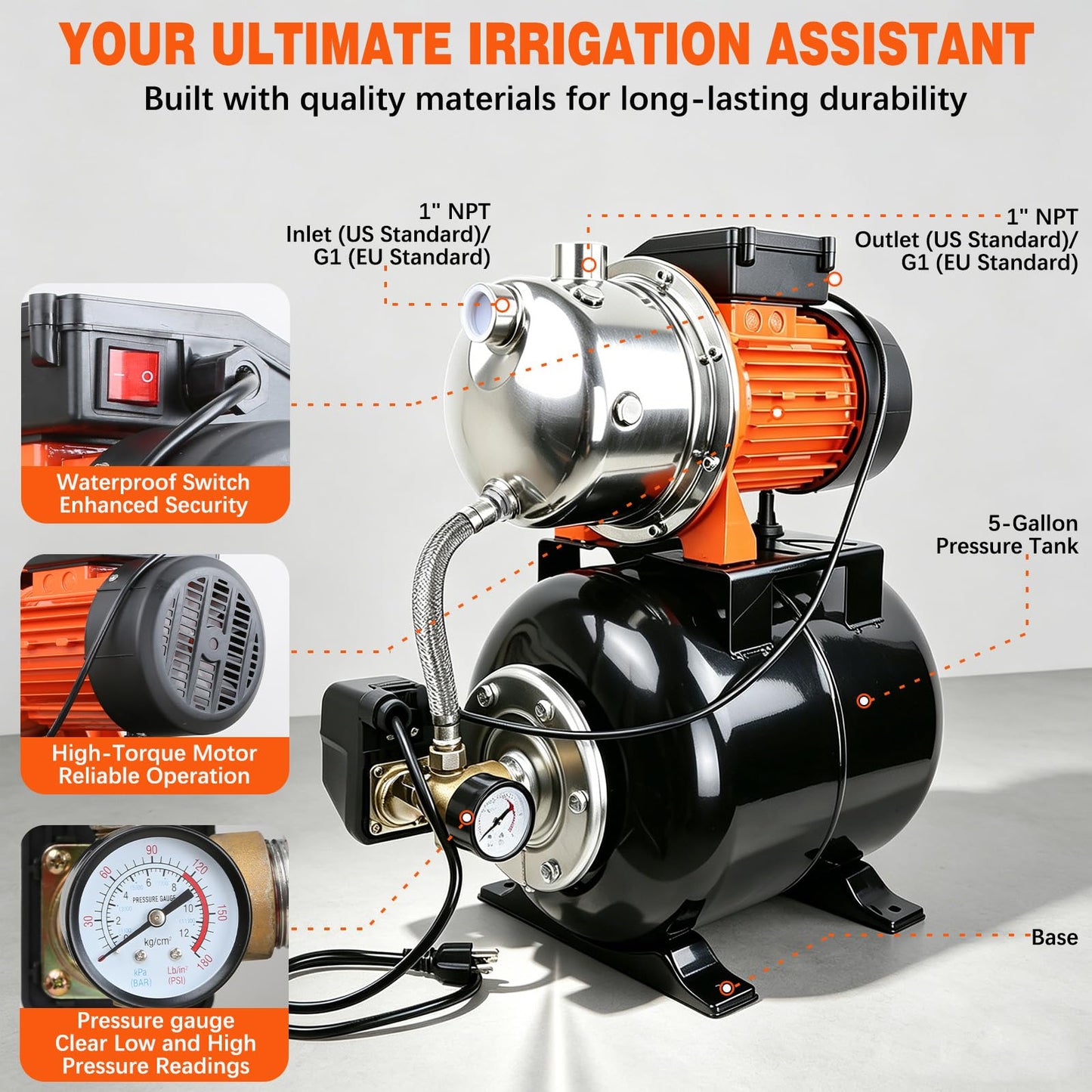 Ioboneed 1 HP Shallow Well Pump with Pressure Tank, 1000 GPH, Automatic Irrigation Water Booster Pump with 130 ft Head Lift 20/40 PSI Pressure Switch 304 Stainless Steel Pump Head for Home Garden Lawn