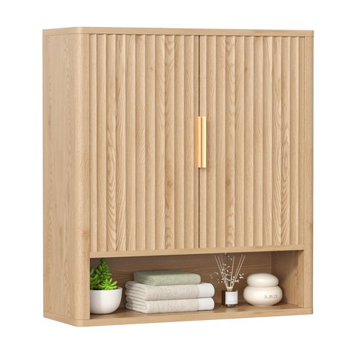 Keehusux 27.6" H Bathroom Wall Storage Cabinet with 2 Fluted Doors, Modern Wall Mounted Bathroom Cabinet with Adjustable Shelf, Curved Profile Medicine Cabinet for Kitchen, Living Room, Natural Oak