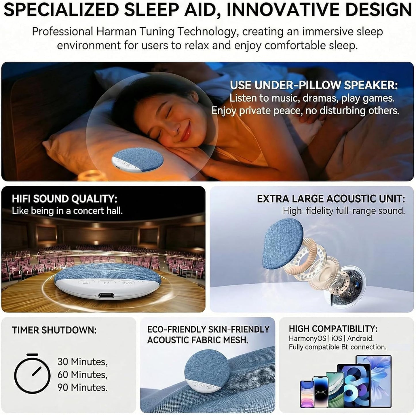 Generic 6.0, 3D Immersive Ultra-Thin Bluetooth Pillow Speaker with Bluetooth White Noise, Soft Sound Field, Pillow CD
