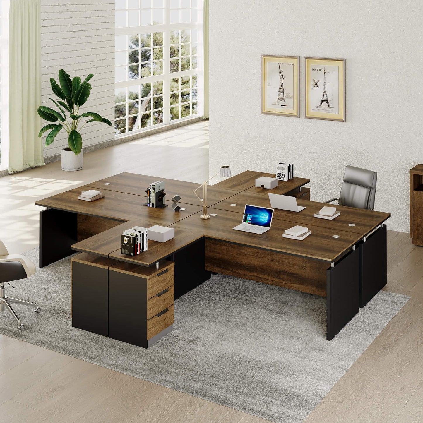 63 Inch L-Shaped Executive Desk Set of 4, Industrial Modern Wood Office Desk with 3 Drawers, Built-in Cable Management & Power Outlet, Real Wood Finish, Reversible Left/Right Return Home Workstation