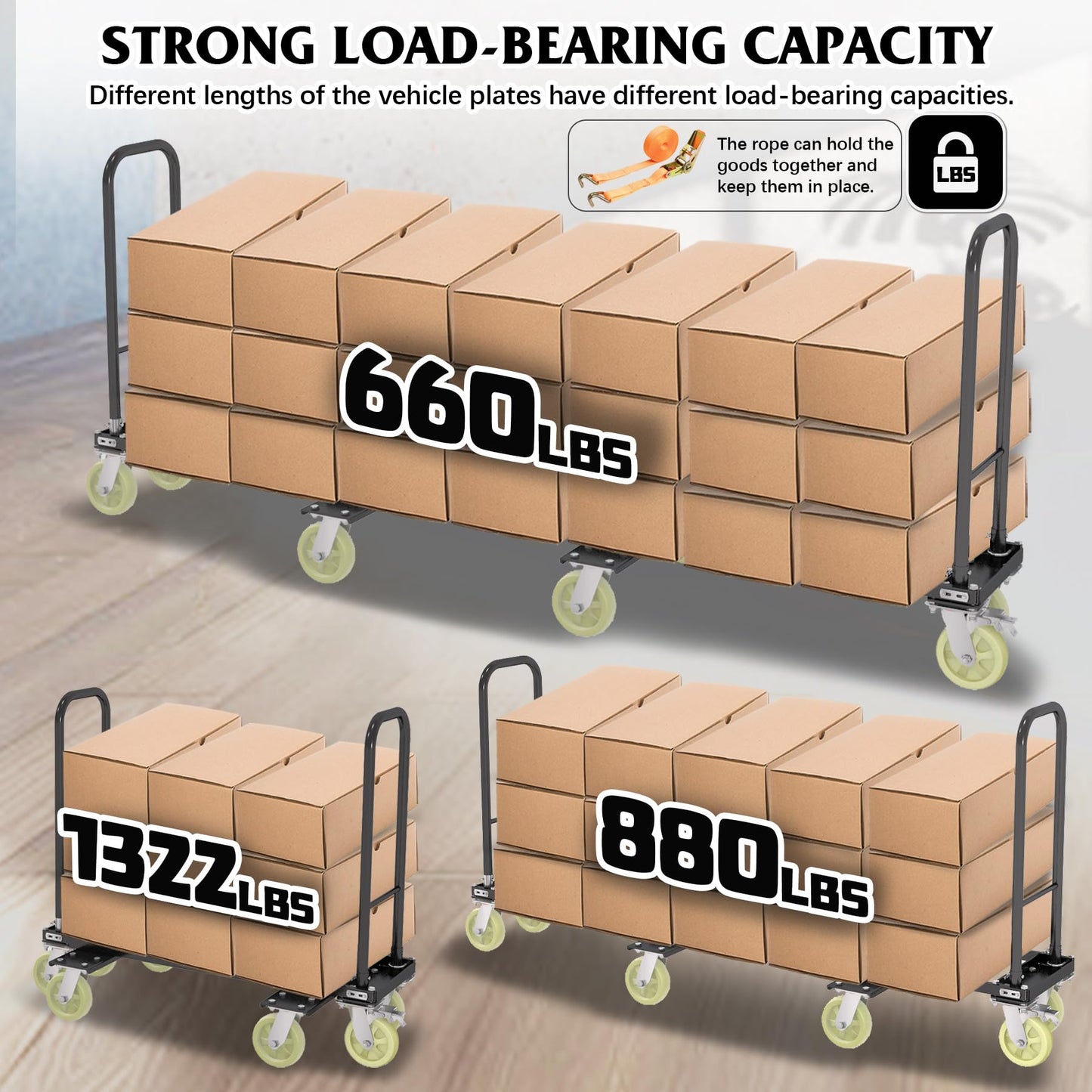 Heavy Duty Furniture Moving Dolly Cart, 1322 LBS High Capacity 8-Wheel Extendable Hand Truck, 42.5-94.5 Inch Adjustable Industrial Platform Cart with 6M Strap for Warehouse Large Appliance Bulk Goods