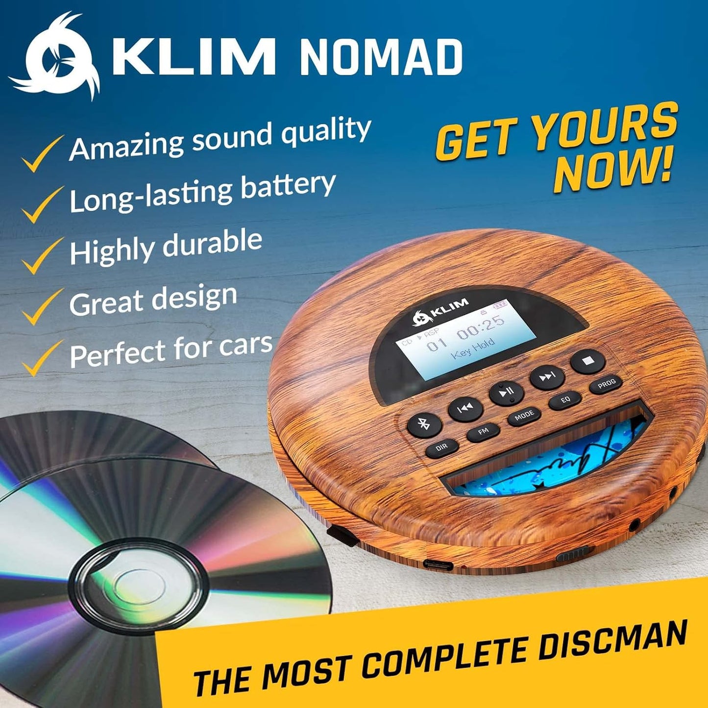 KLIM MP3 Nomad Wood - New - Portable CD Player Walkman - Long-Lasting Battery - Includes Headphones - Radio FM